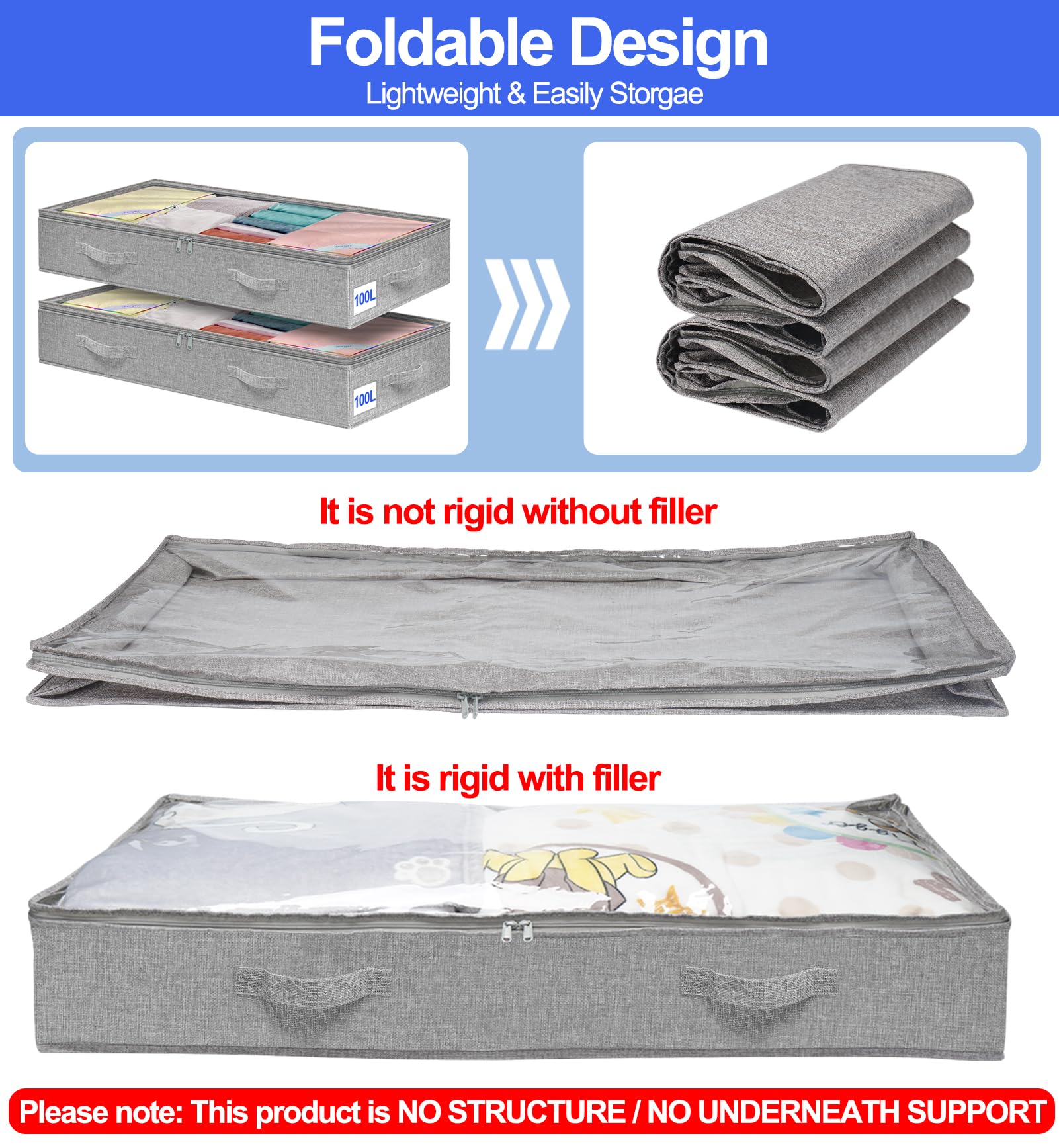 punemi 100L Under Bed Storage Containers, Extra Large Underbed Storage, NO STRUCTURE, Soft Foldable Zipper Cloth Blanket Storage