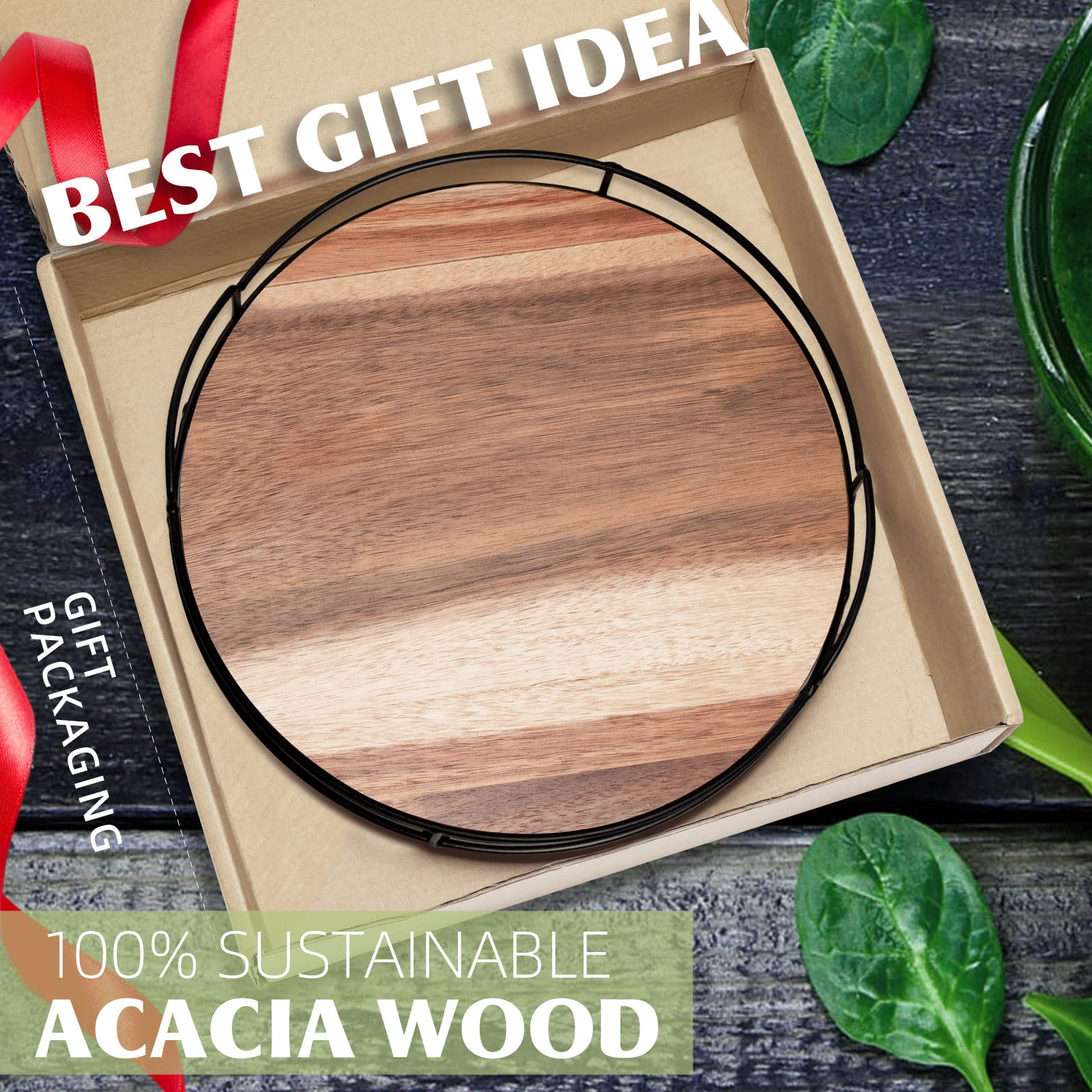 12.5'' Acacia Wood Lazy Susan Turntable With Handles, Tomoaza Kitchen Organizer Turntable With Steel Sides, 360 Degree Turntable