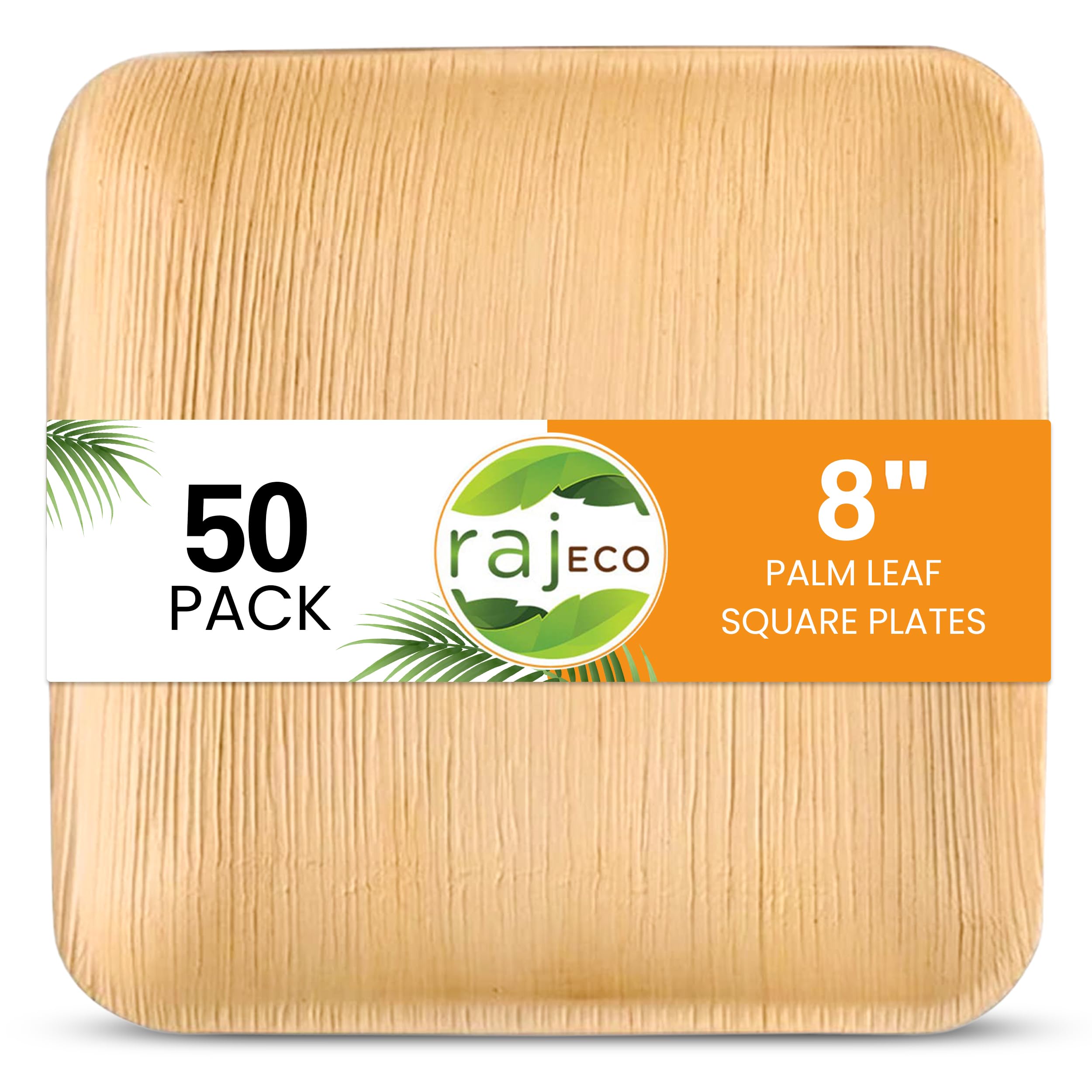 Raj Eco Compostable Palm Leaf Plates Like Bamboo Plates Disposable - 8 Inch Square 50 Party Plates, Natural Wooden, Eco-Friendly