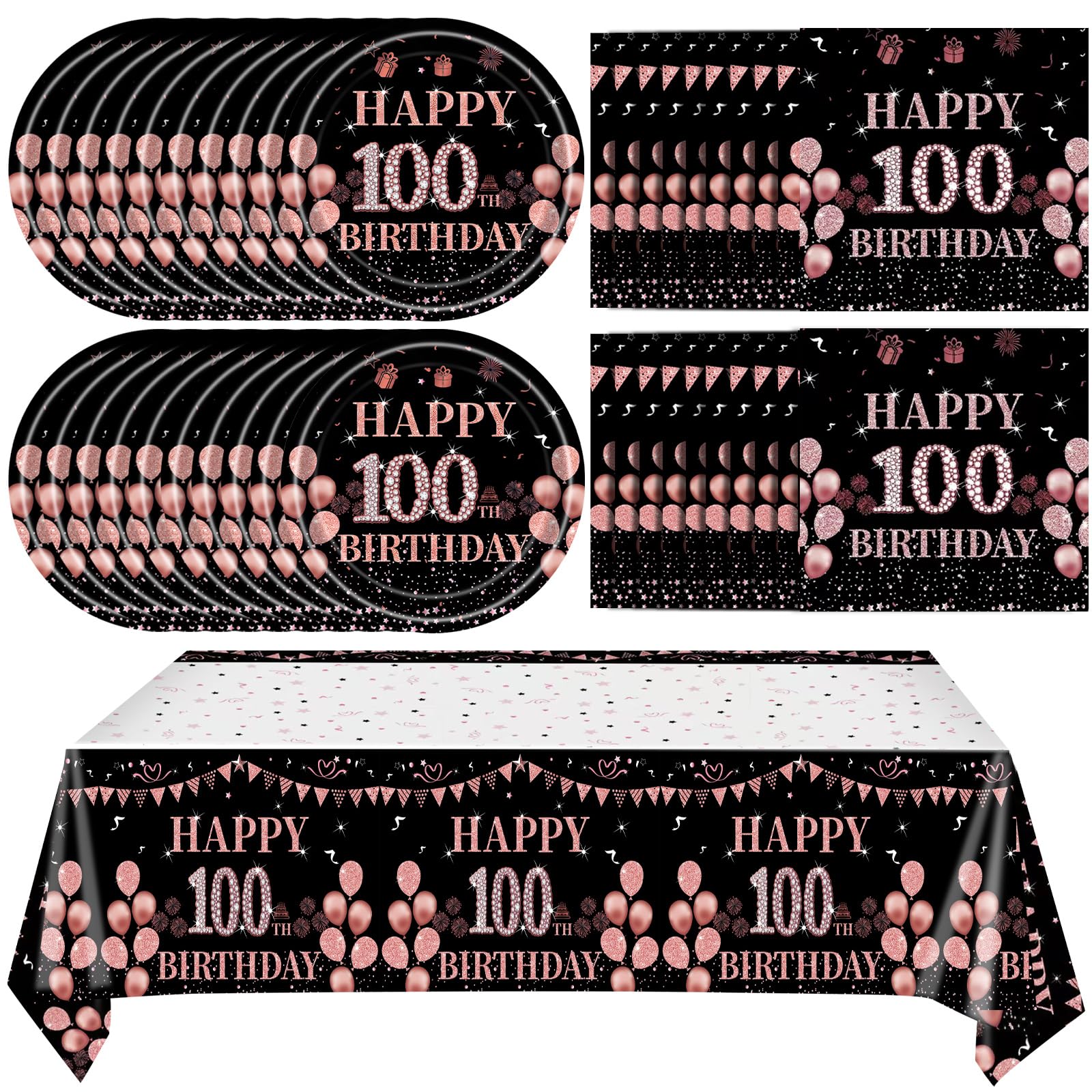41Pcs 100Th Birthday Decorations For Women, Vintage 100 Birthday Black And Rose Gold Disposable Paper Plates And Napkins Party S