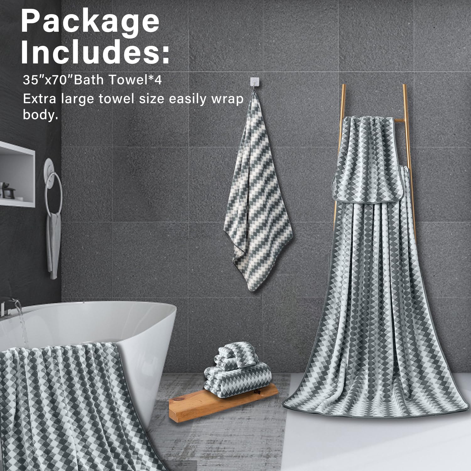 4 Piece Bath Towel Dark Grey Oversized Bath Sheet 35''X70'' Bathroom Towel Extra Large Bath Towel Set Soft Highly Absorbent & Qu