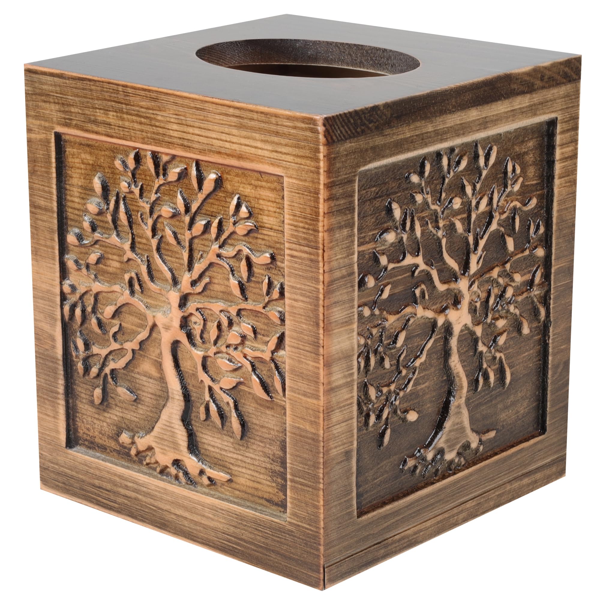 Ukwell Wood Carved Tissue Box Cover Square Brown Tissue Holder Lacquered Tree Of Life Design Rustic Vintage Home Decor For Bathr
