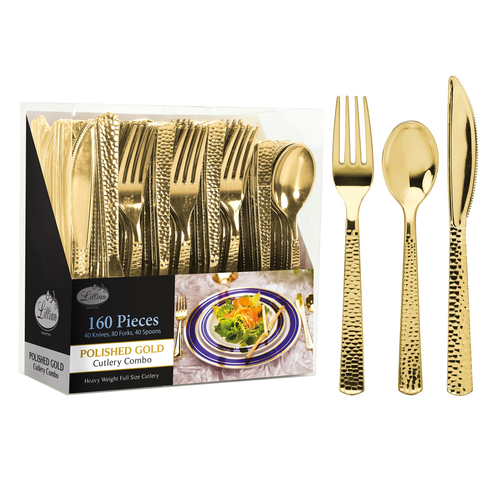Plastic Cutlery Silverware Extra Heavyweight Disposable Flatware, Full Size Cutlery Combo, Gold Pebbled, 80 Forks, 40 Spoons, 40