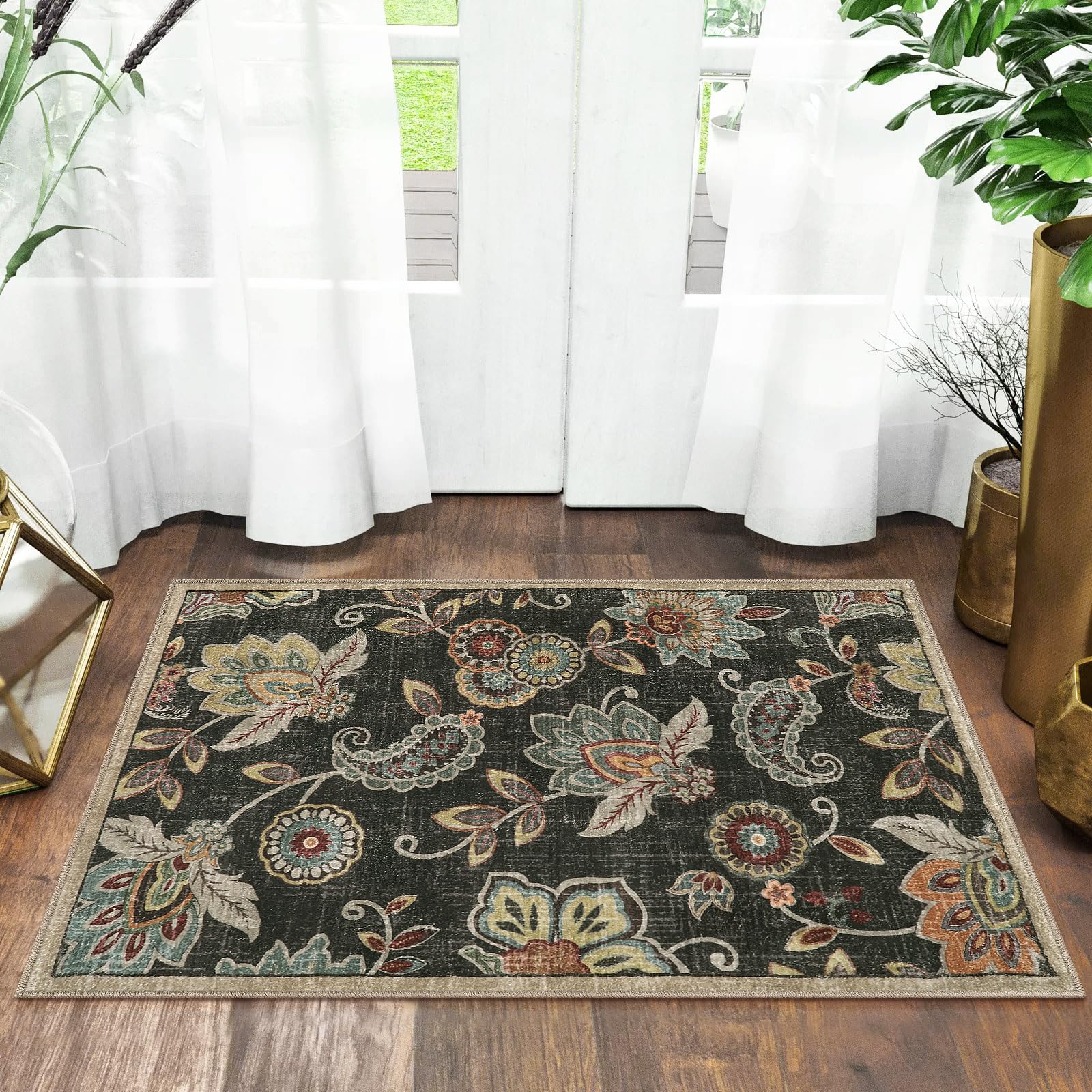 Morebes Floral Door Rugs for Entryway Indoor, Small 2x3 Throw Rugs Non Slip,Washable Paisley Rugs for Kitchen Floor,Non Shedding