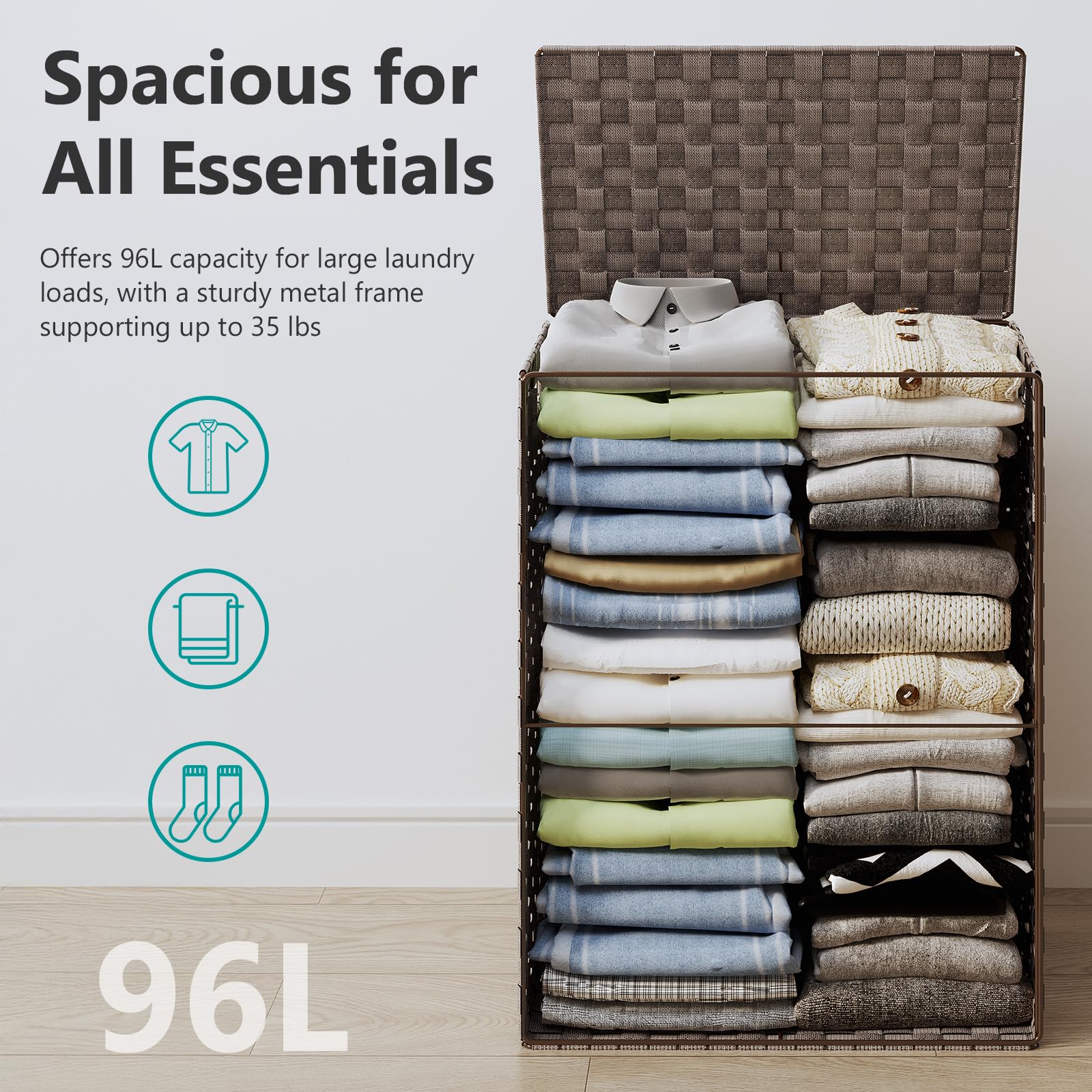Laundry Hamper Basket with Lid by Fiona's magic  Handwoven Large Clothes Hamper with Removable Liner Bags  Collapsible Tall Hamper for Bedroom  Bathroom and Dorm Organizer  90L  Brown