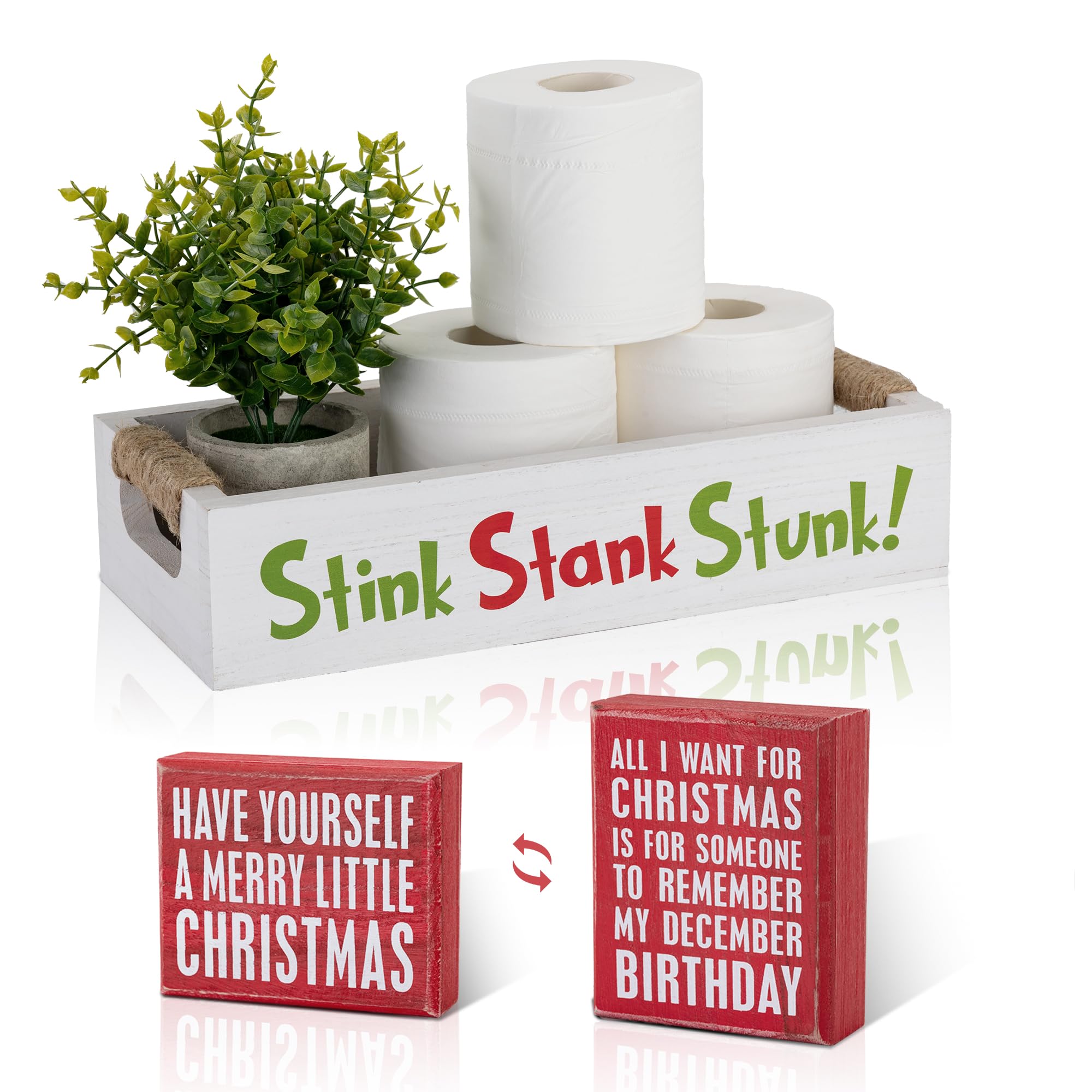 Veichin Double-Sided Christmas Funny Bathroom Decor with Double-Sided Sign, Stink Stank Stunk Box, Toilet Paper Storage Basket, 
