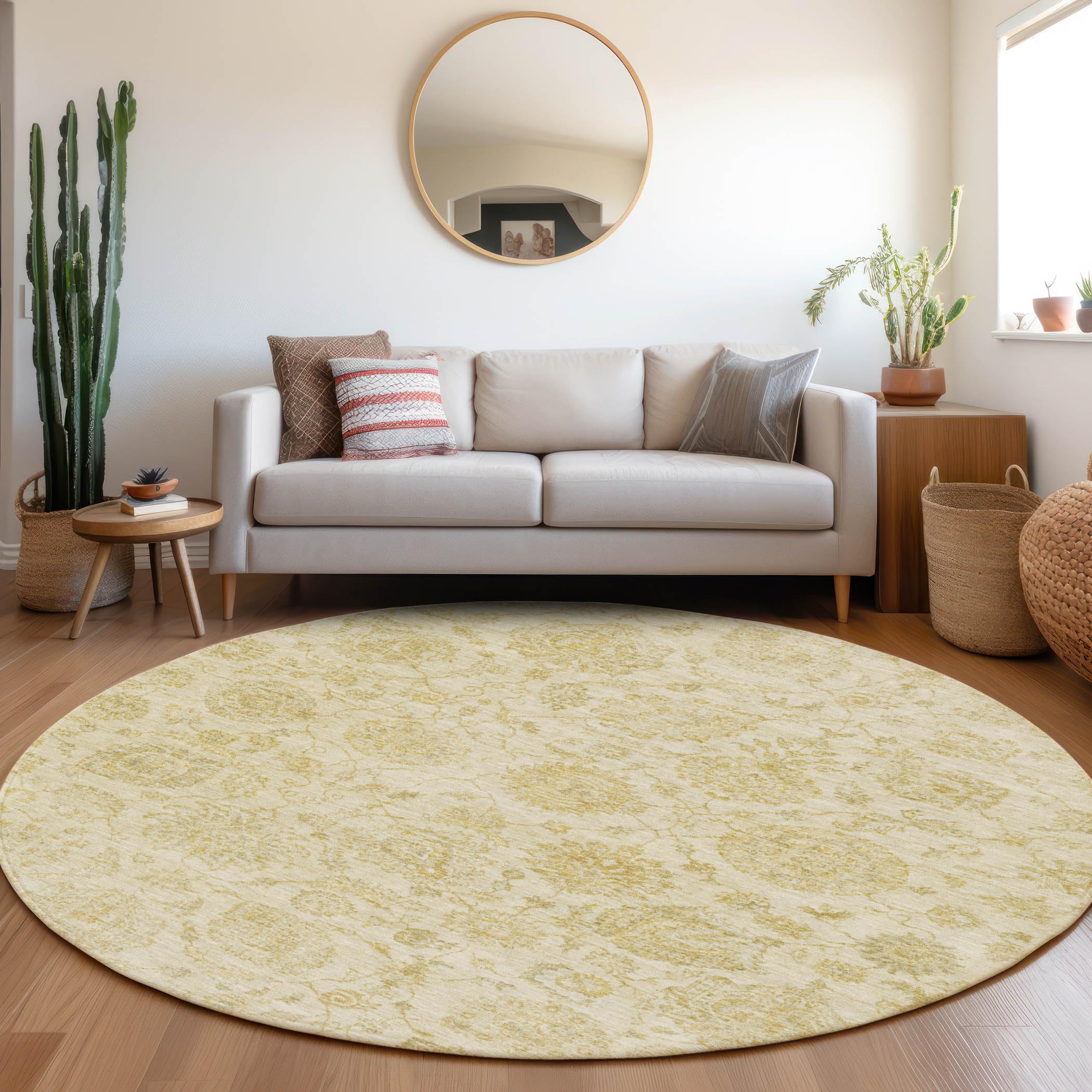 Machine Washable Indoor/Outdoor Chantille Gold 8 x 8 Round Rug