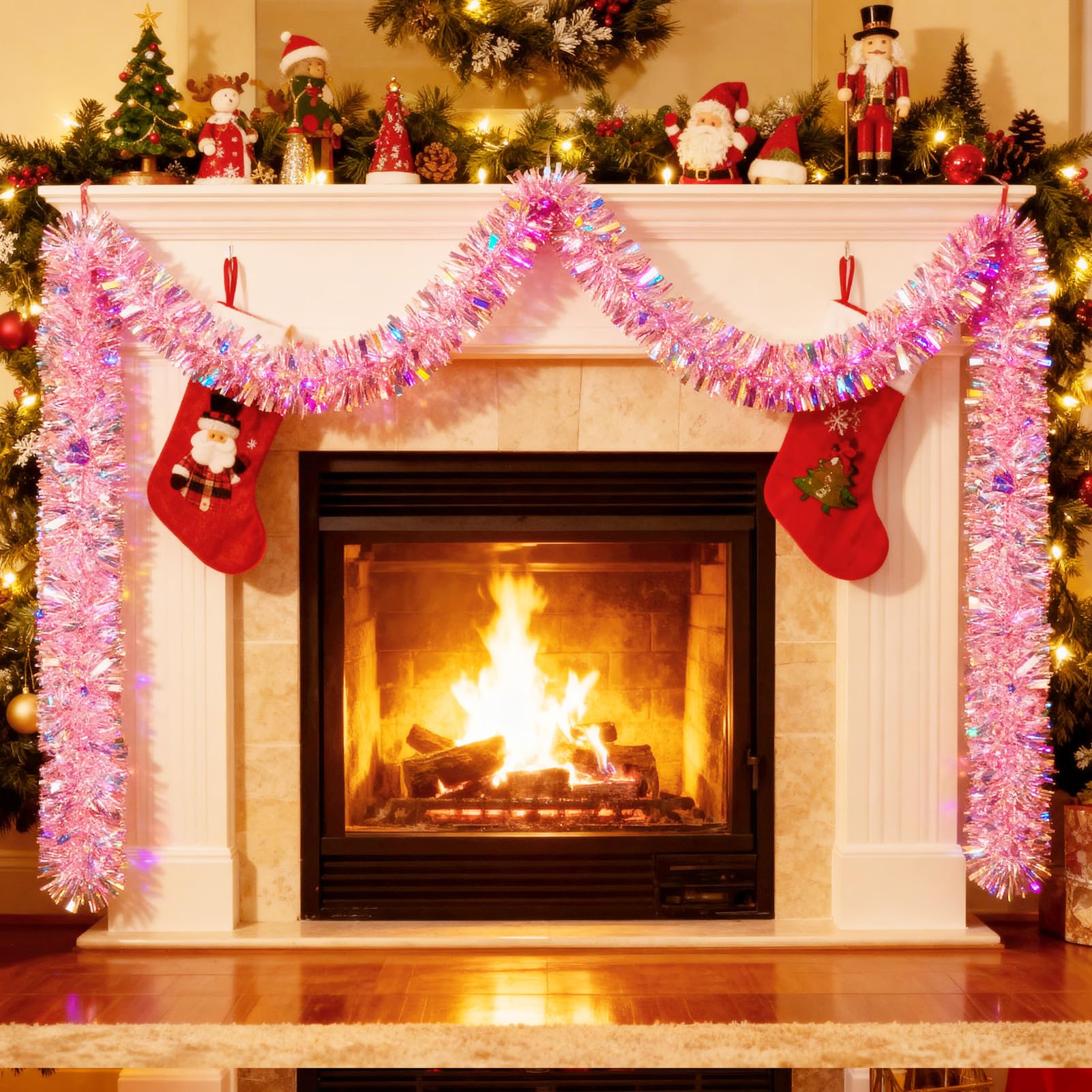 50Ft Pink Christmas Garland Decorations,Xams Tinsel Stems Non-Lit Soft Twist Garland Decor for Tree Stairs Railing Front Door Ma