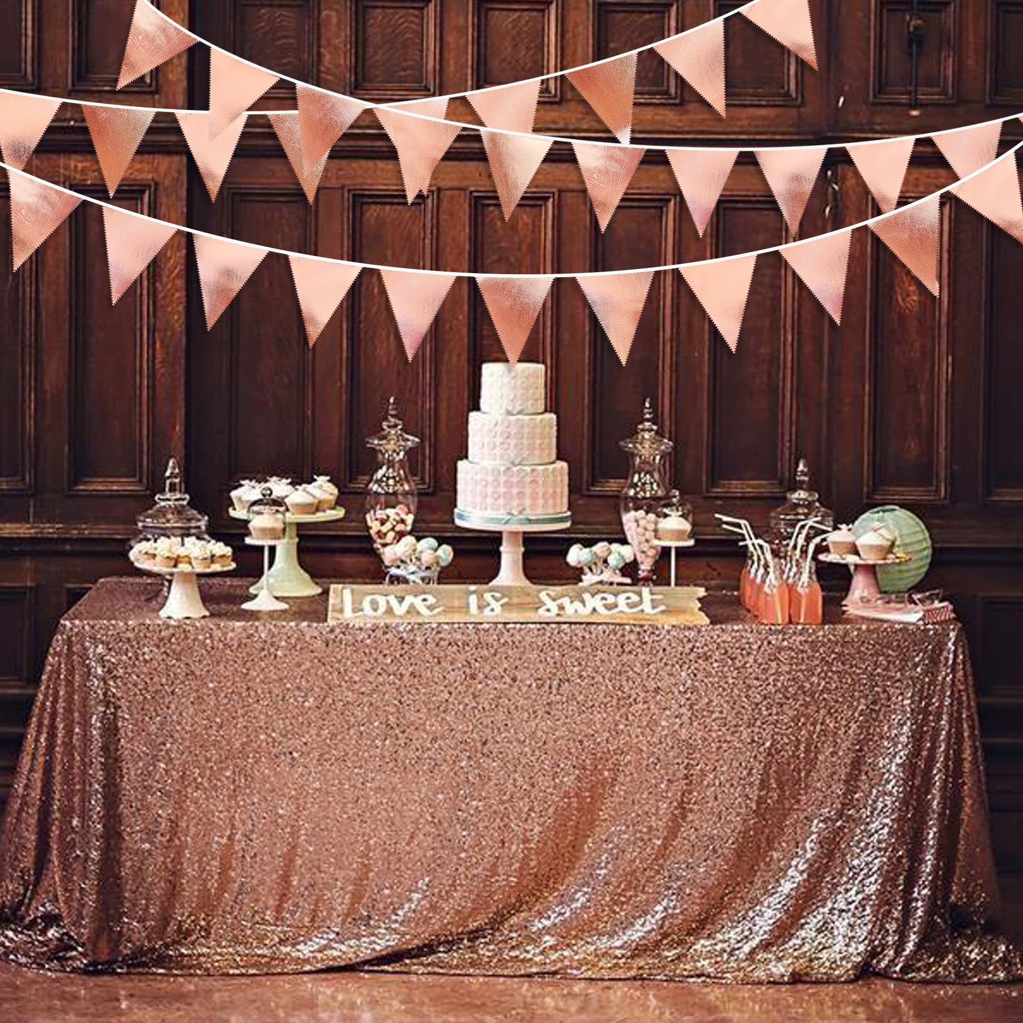 Rose Gold Party Decorations Metallic Fabric Triangle Pennant Banner Blush Pink Flag Bunting Garland For Wedding Birthday Anniver