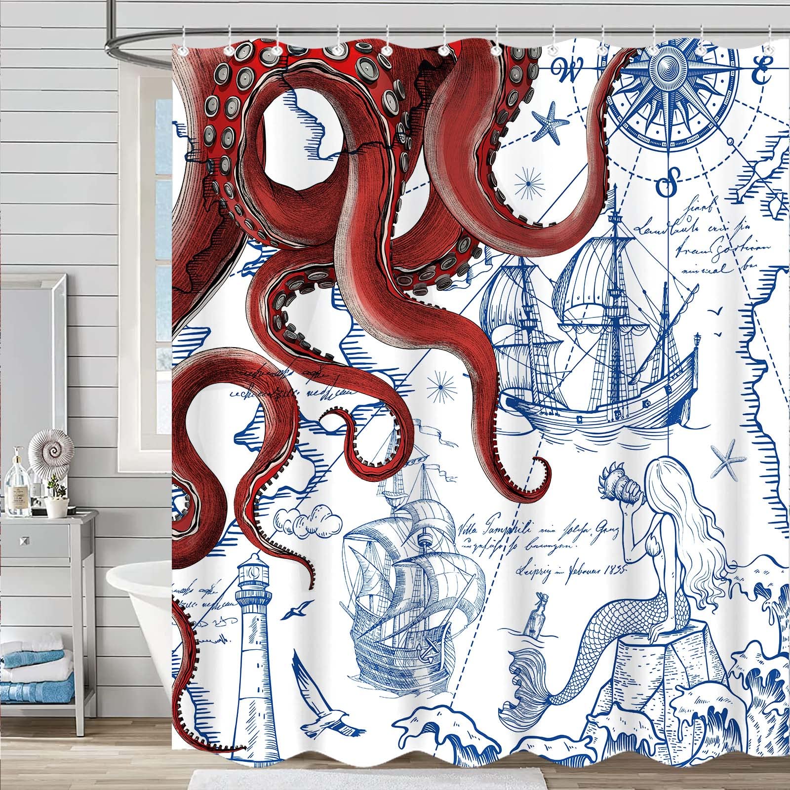 Fungarth Red Nautical Octopus Shower Curtain Navy Blue Mermaid Funny Ocean Kraken Shower Curtains For Bathroom Cool Anchor Coast