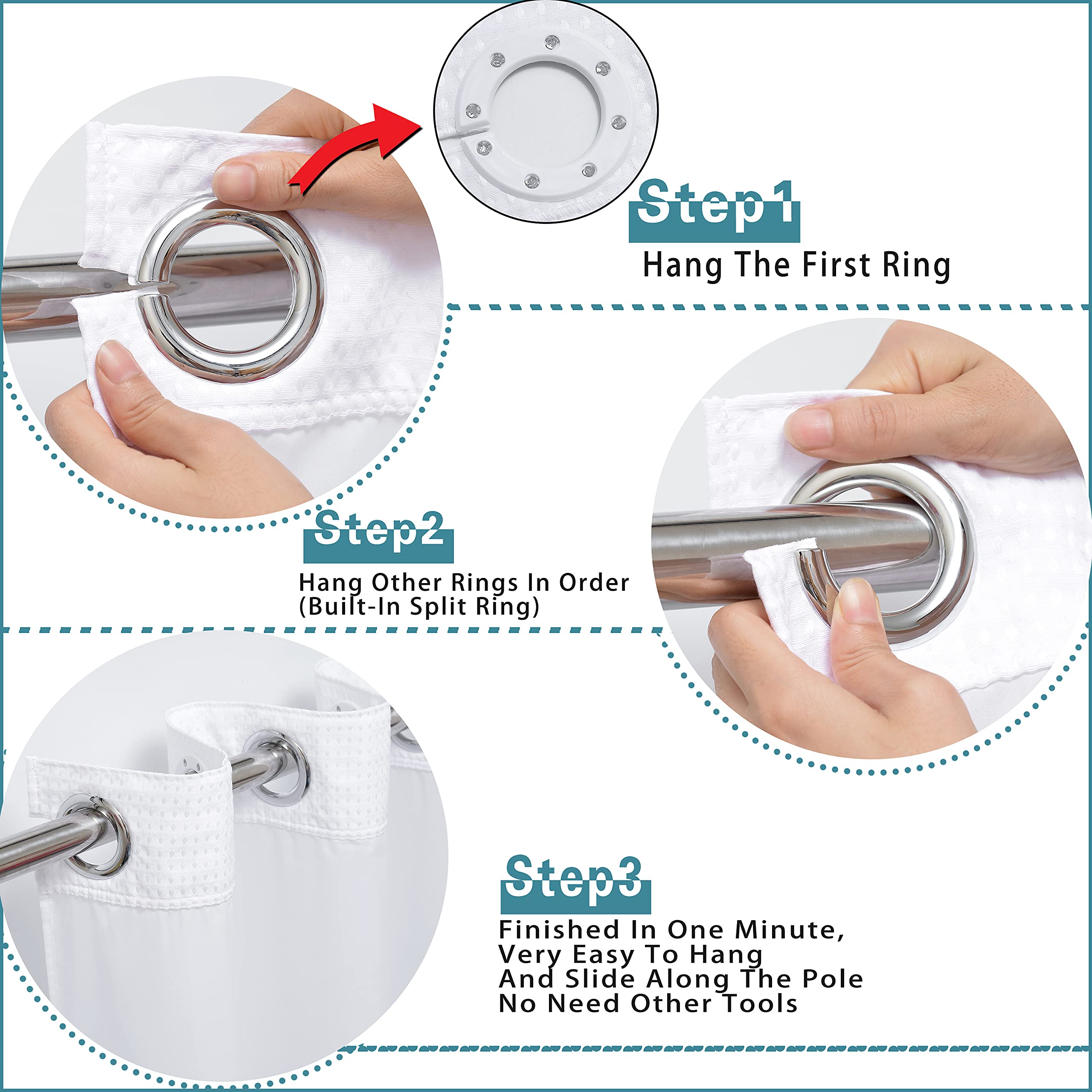 Extra Long Shower Curtain Set Hotel Grade With Snap In Liner For Bathroom Fabric With See Through Top Window, Waffle Weave Showe