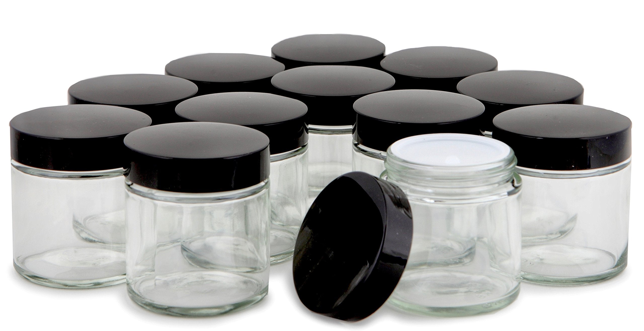 Vivaplex, 12, Clear, 4 Oz, Round Glass Jars, With Inner Liners And Black Lids