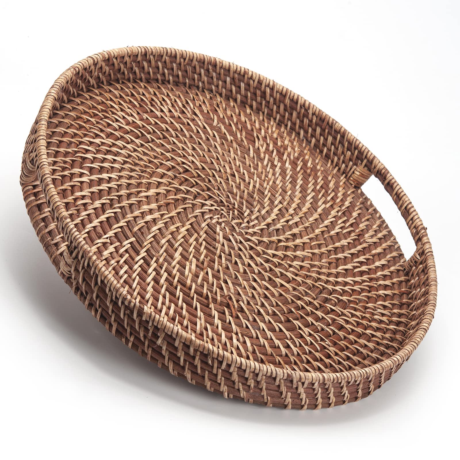 Round Rattan Woven Serving Tray with Handles Ottoman Tray for Breakfast, Drinks, Snack for Coffee Table, Home Decorative (16.9 i