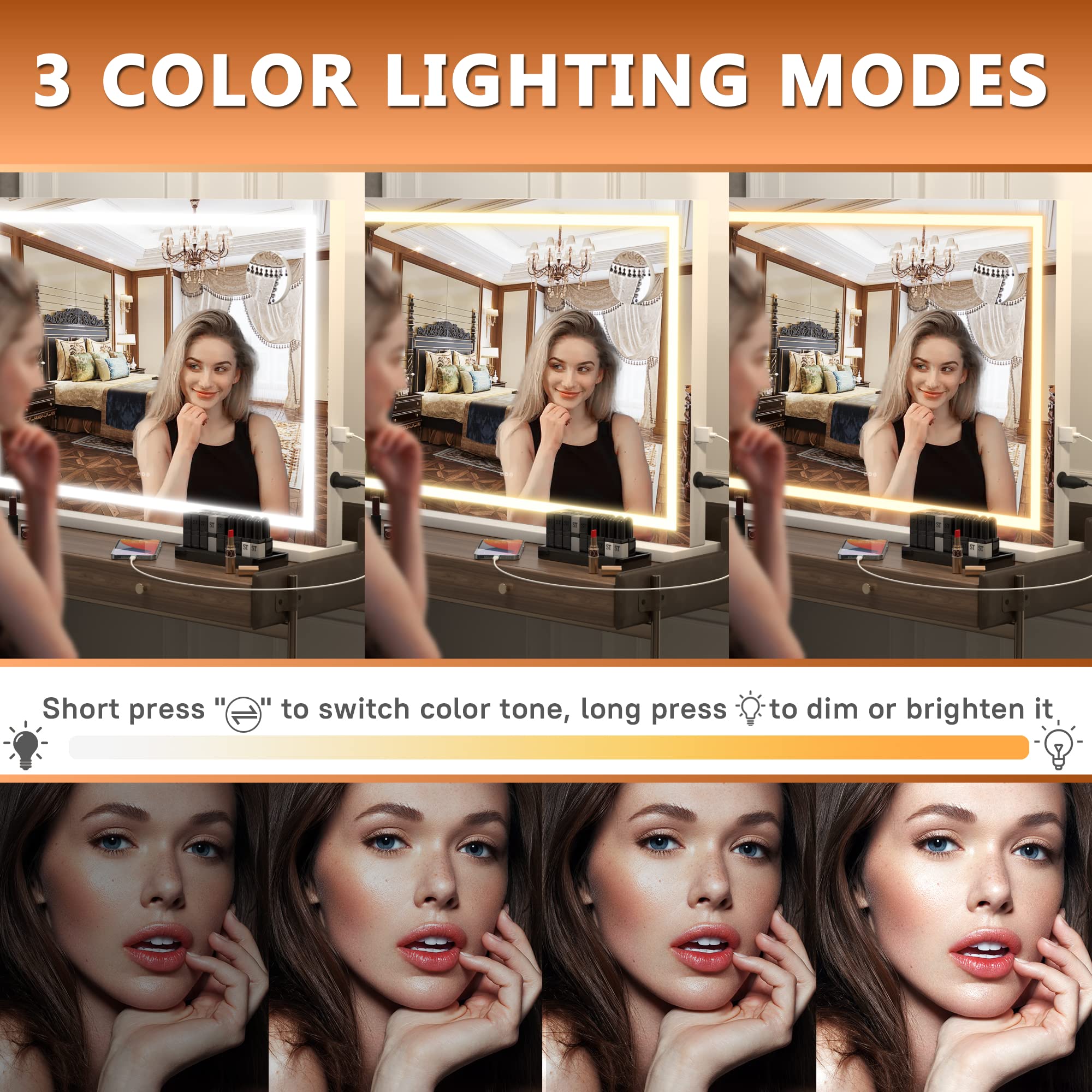 Hasipu Vanity Mirror With Lights, 28'' X 20'' Led Makeup Mirror, Lighted Makeup Mirror With Dimmable 3 Modes, Touch Screen Contr