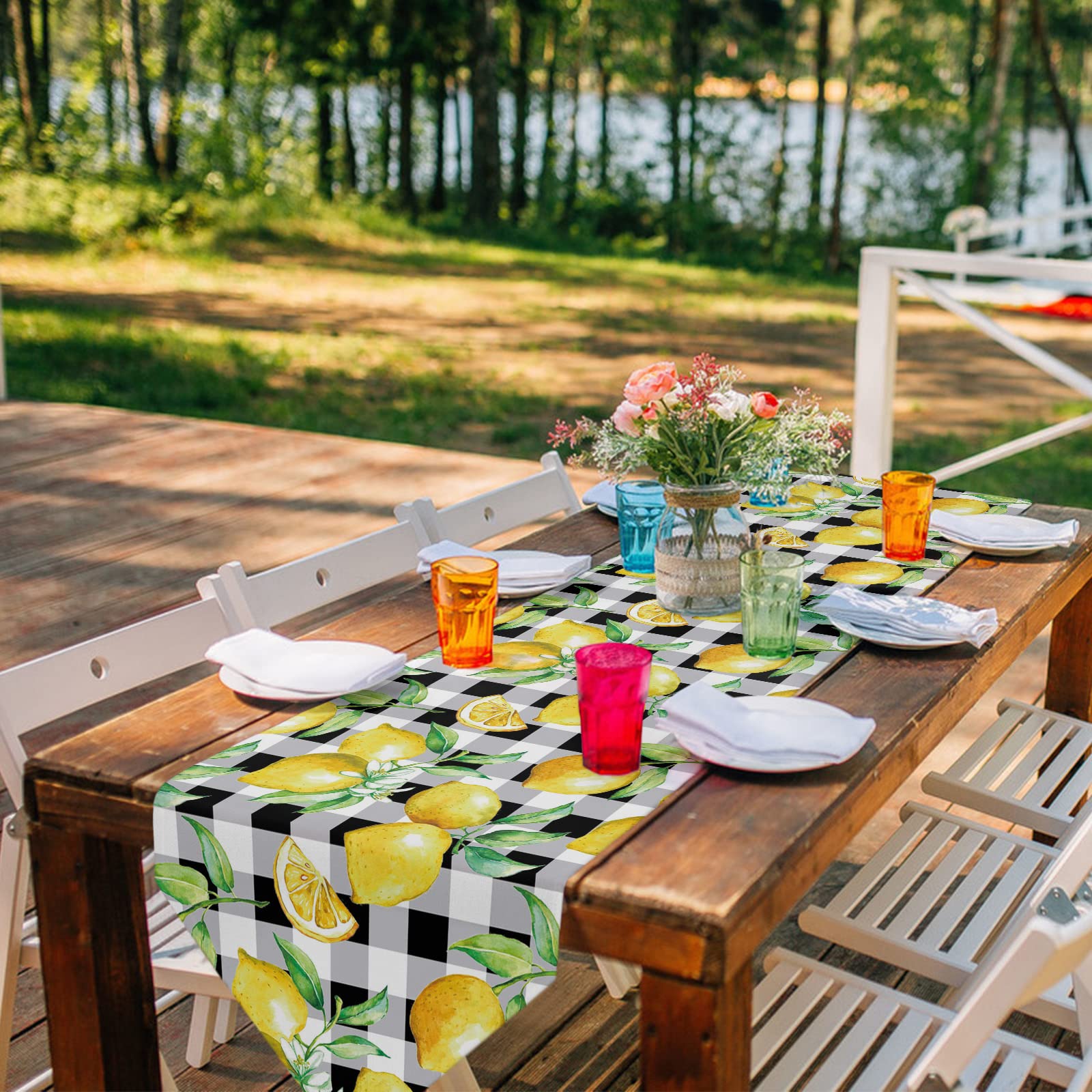 Linen Burlap Table Runner Spring Farmhouse Dresser Scarves, Yellow Lemon On Buffalo Plaid Table Runners For Family Dinner/Holida
