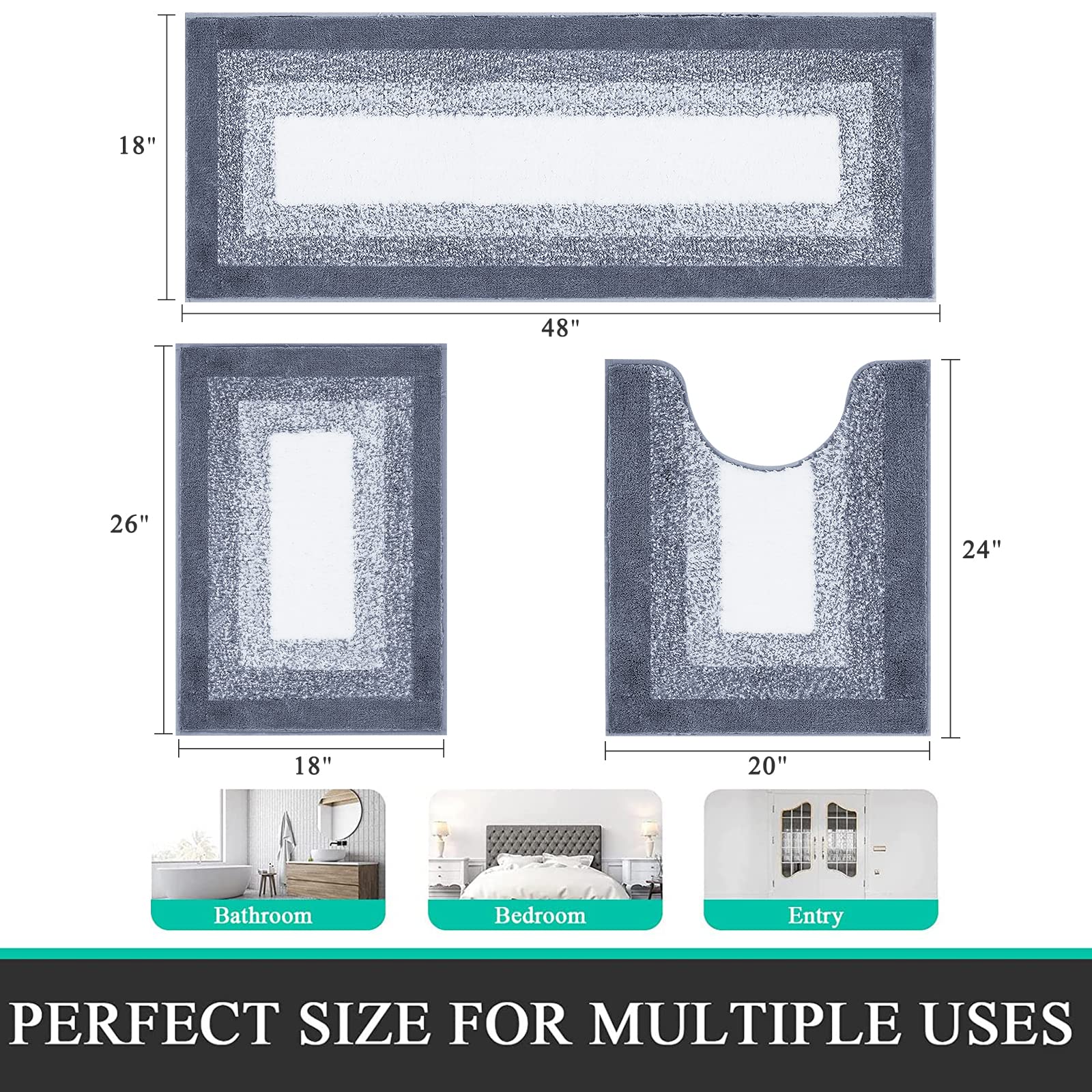 Bathroom Rug Mat Set 3 Piece, Non-Slip Shaggy Bath Mats, Absorbent Microfiber Bath Carpet For Bathroom Floor, Tub And Shower Mac
