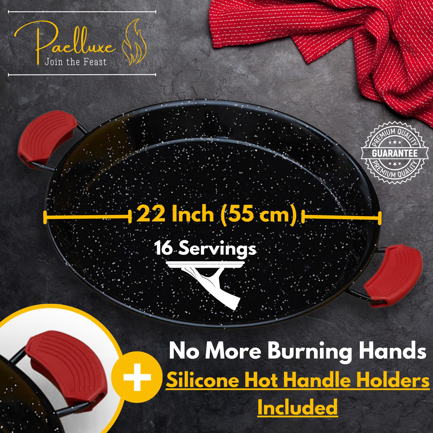 Paelluxe 22 Inch Paella Pan 16 Servings - Enamelled No Rust Easy To Clean Steel Pan Propane - Gas Burners For Cooking - Indoor &