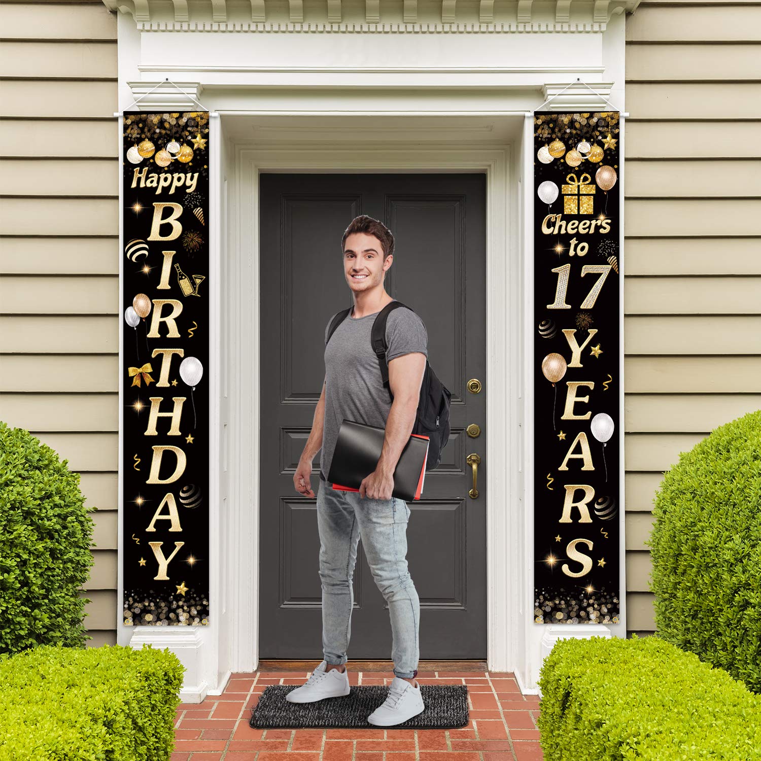 Happy Birthday Cheers To 17 Years Black Gold Yard Sign Door Banner 17Th Birthday Decorations Party Supplies