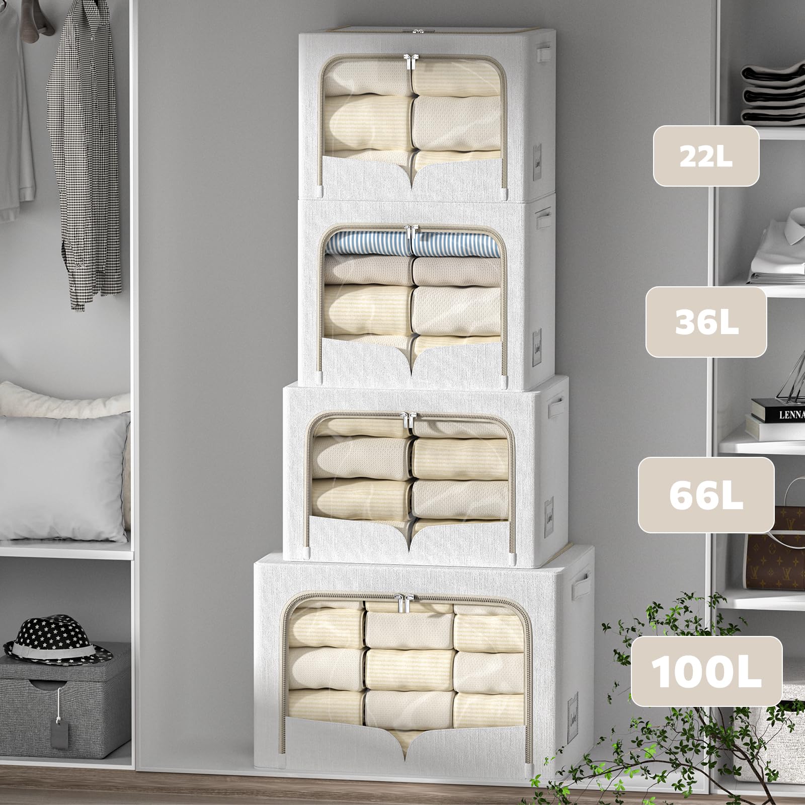 3 Pack Clothes Storage Bins - Foldable Metal Frame Storage Box - Stackable Linen Fabric Container Organizer Set with Carrying Ha