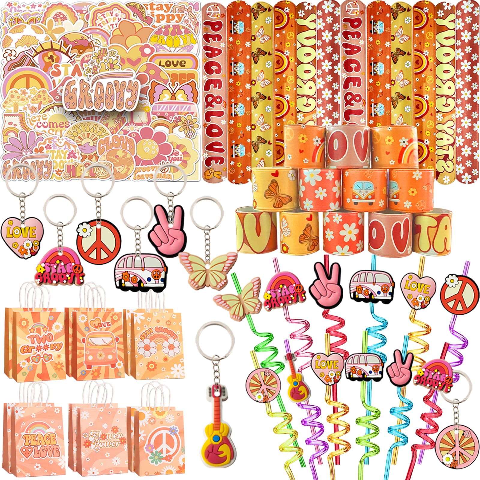 CHSLtmxq 110PCS Groovy Party Favors Set Retro Hippie Birthday Decorations Supplies Gift Bags Hippie Boho Party Favors Boho Theme