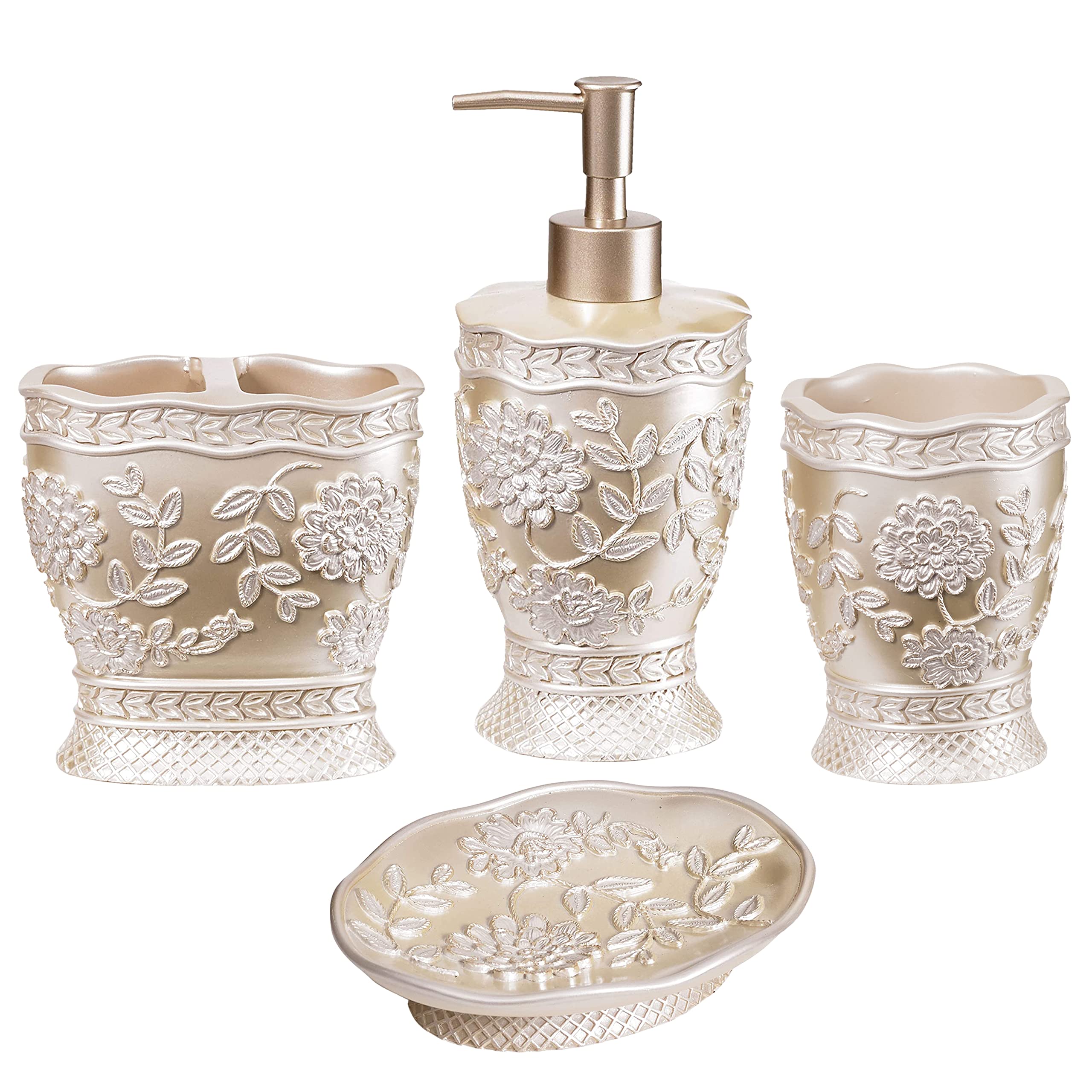 Zahari Home 4pc Rose Vine Bathroom Accessories Sets Lotion Pump  Tumbler  Tooth Brush Holder and Soap Dish Unique Design Beige Bathroom Set