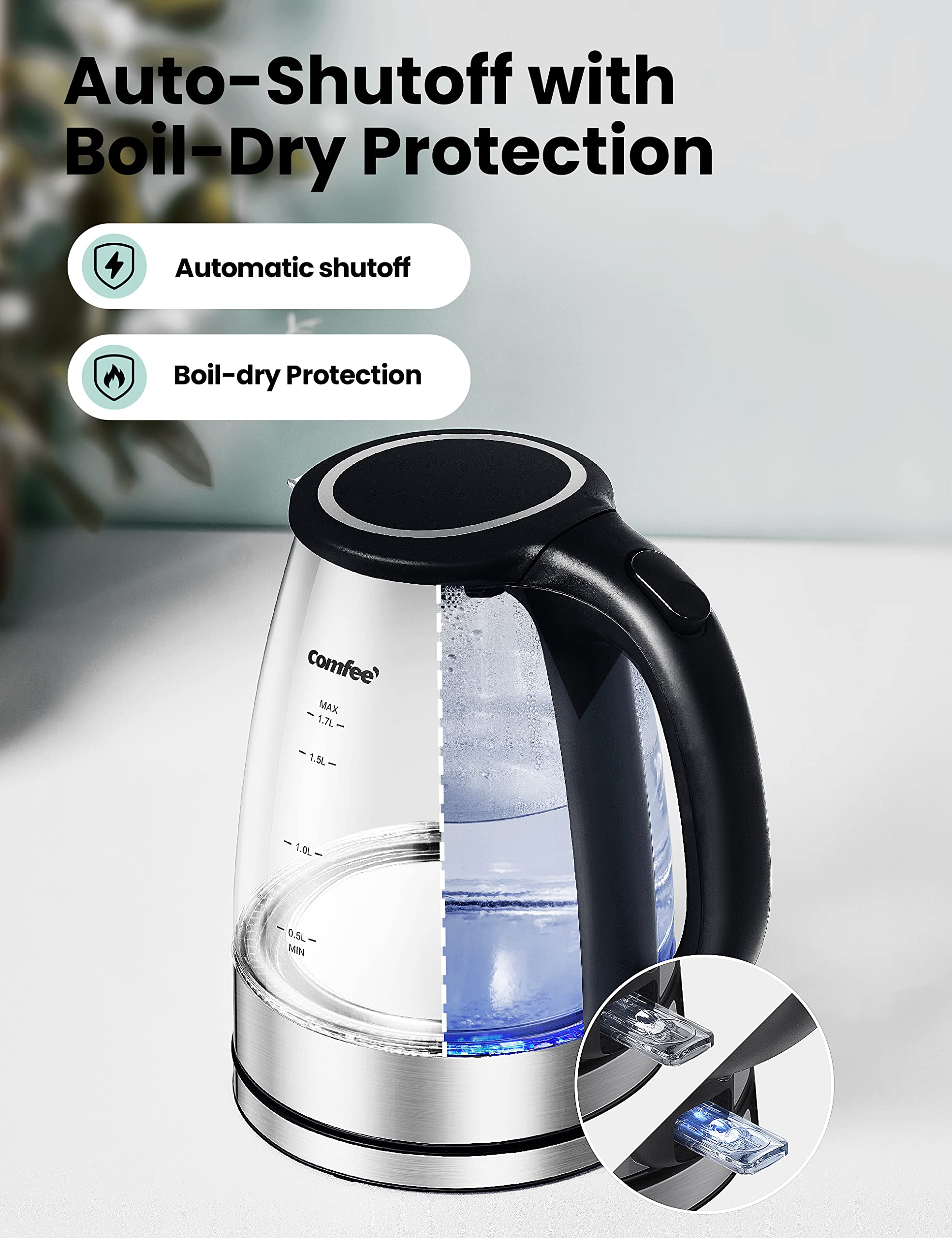 Comfee' Glass Electric Tea Kettle & Hot Water Kettle Electric, 1.7L Electric Kettle With Led Indicator, 1500W Fast Boil, Auto Sh