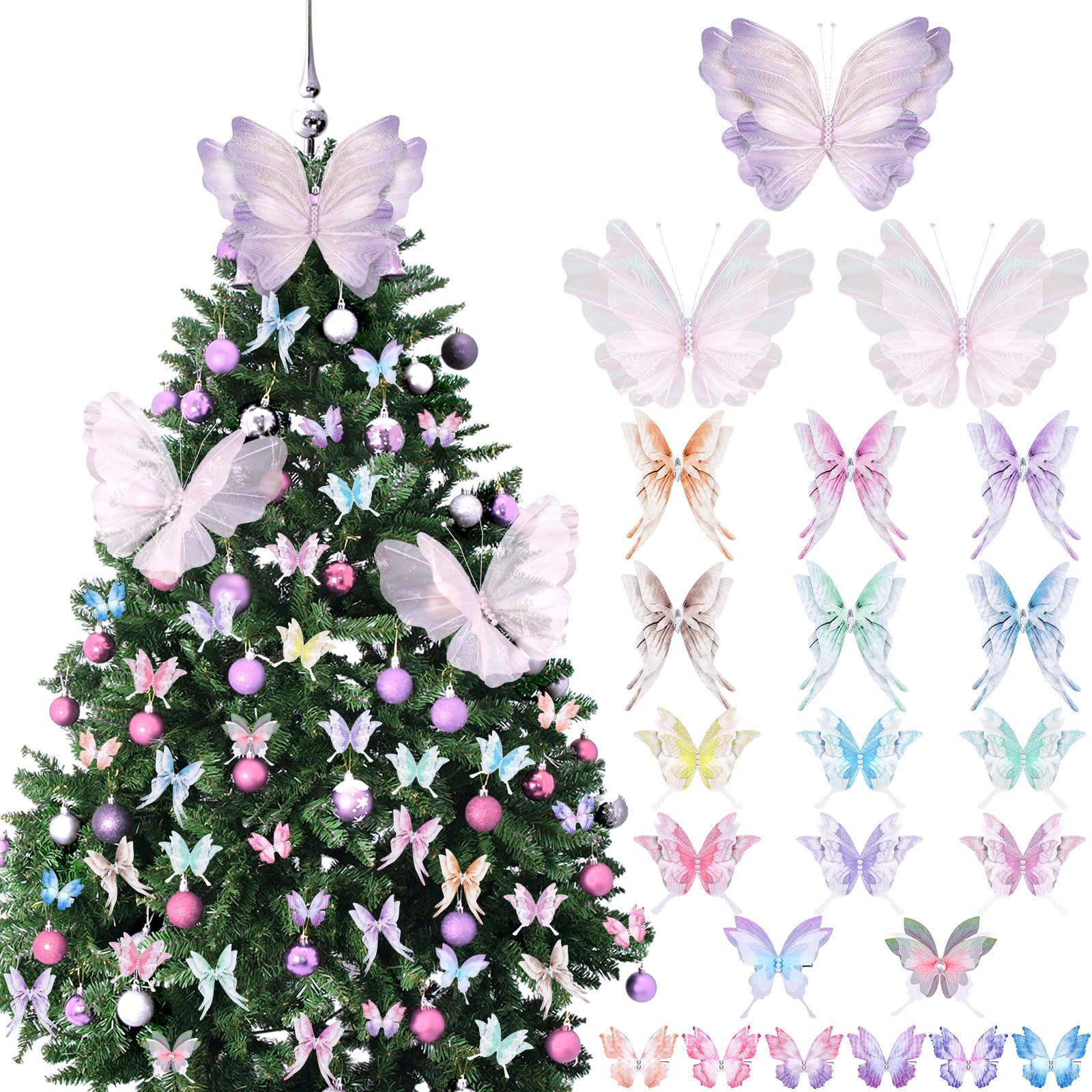 Suncalla 49 Pcs Christmas Tree Butterfly Ornaments Decoration 3D Pink Purple Jumbo Butterfly Tree Topper Girly Fairy Butterflies
