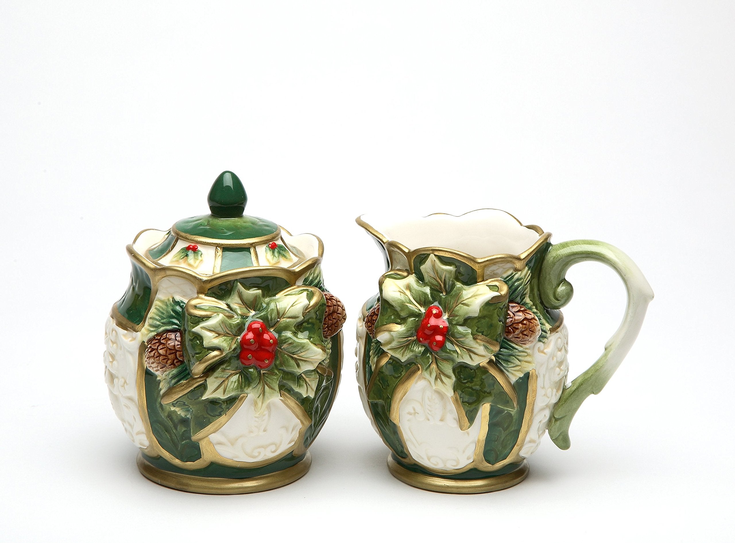 Cosmos Gifts 10303 Fine Ceramic Emerald Green Holiday Holly With Red Berry And Pine Cone Sugar And Creamer Set, 4 3/8'' H