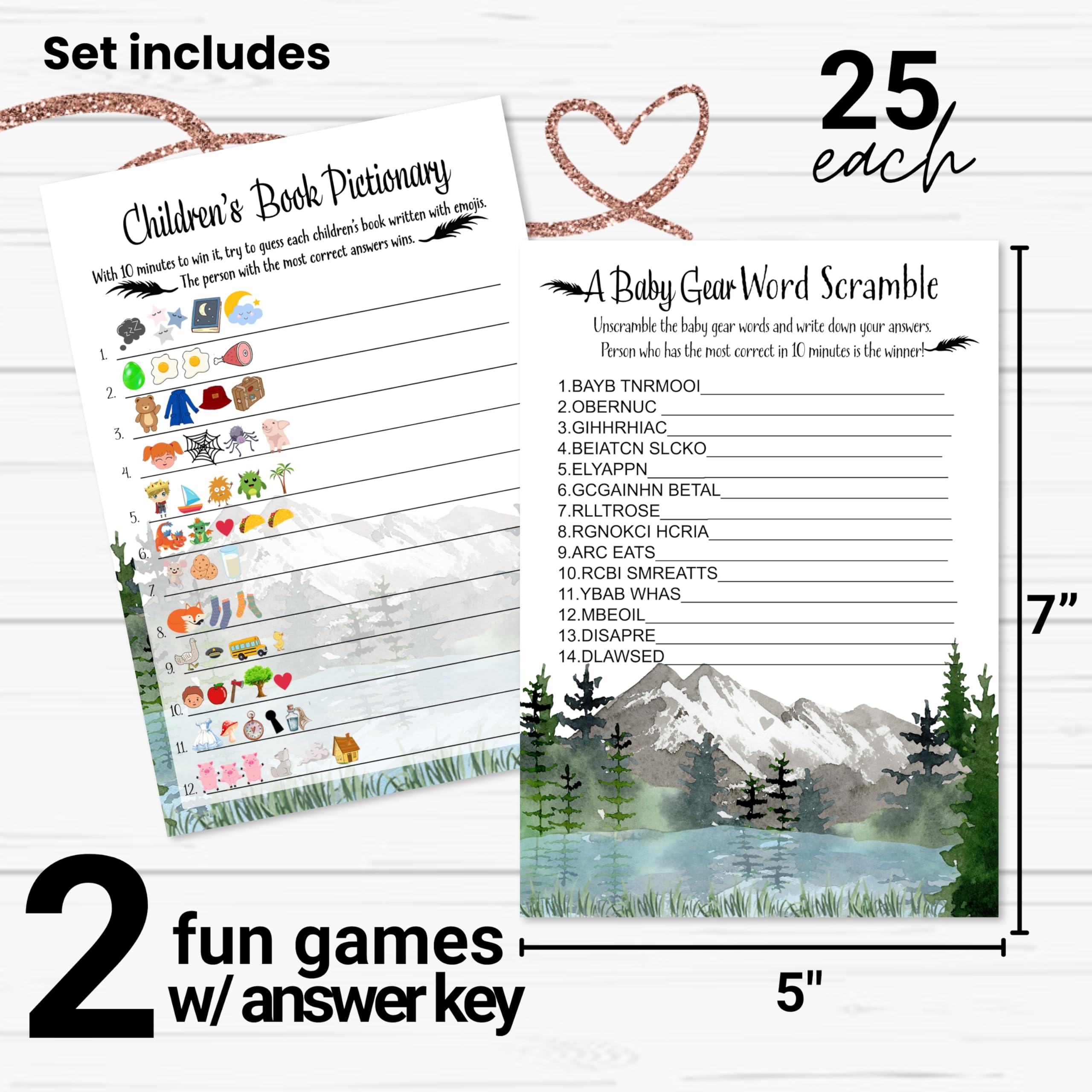 Adventure Awaits Baby Shower Games For Boys - 25 Cards - Guess The Storybook Titles & Baby Word Scramble - Mountain Theme Pack,