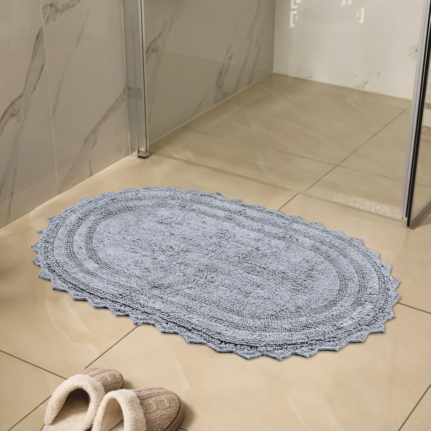 RAJRANG BRINGING RAJASTHAN TO YOU Bathroom Rug for Kitchen and Spa with Crochet Pattern Cotton Absorbent Soft Reversible Woven Bath Mat Light Grey Oval 34 x 21 Inches