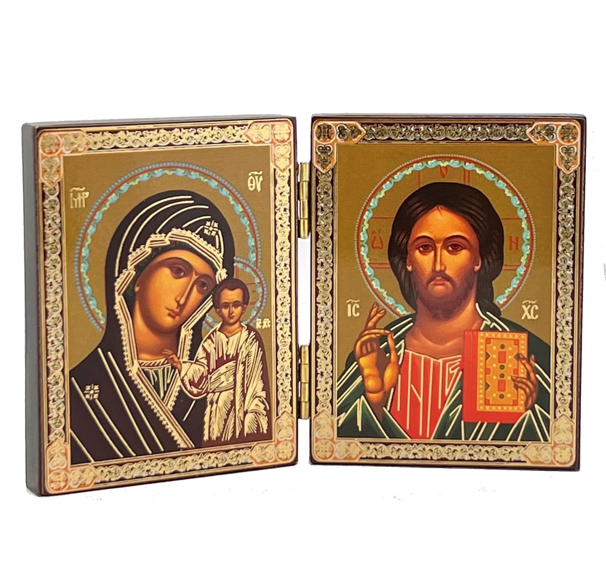 Needzo Christ The Teacher and Virgin of Kazan Catholic Orthodox Icon Diptych for Travel Home Display 5 1/4 Inch, Religious Gift,