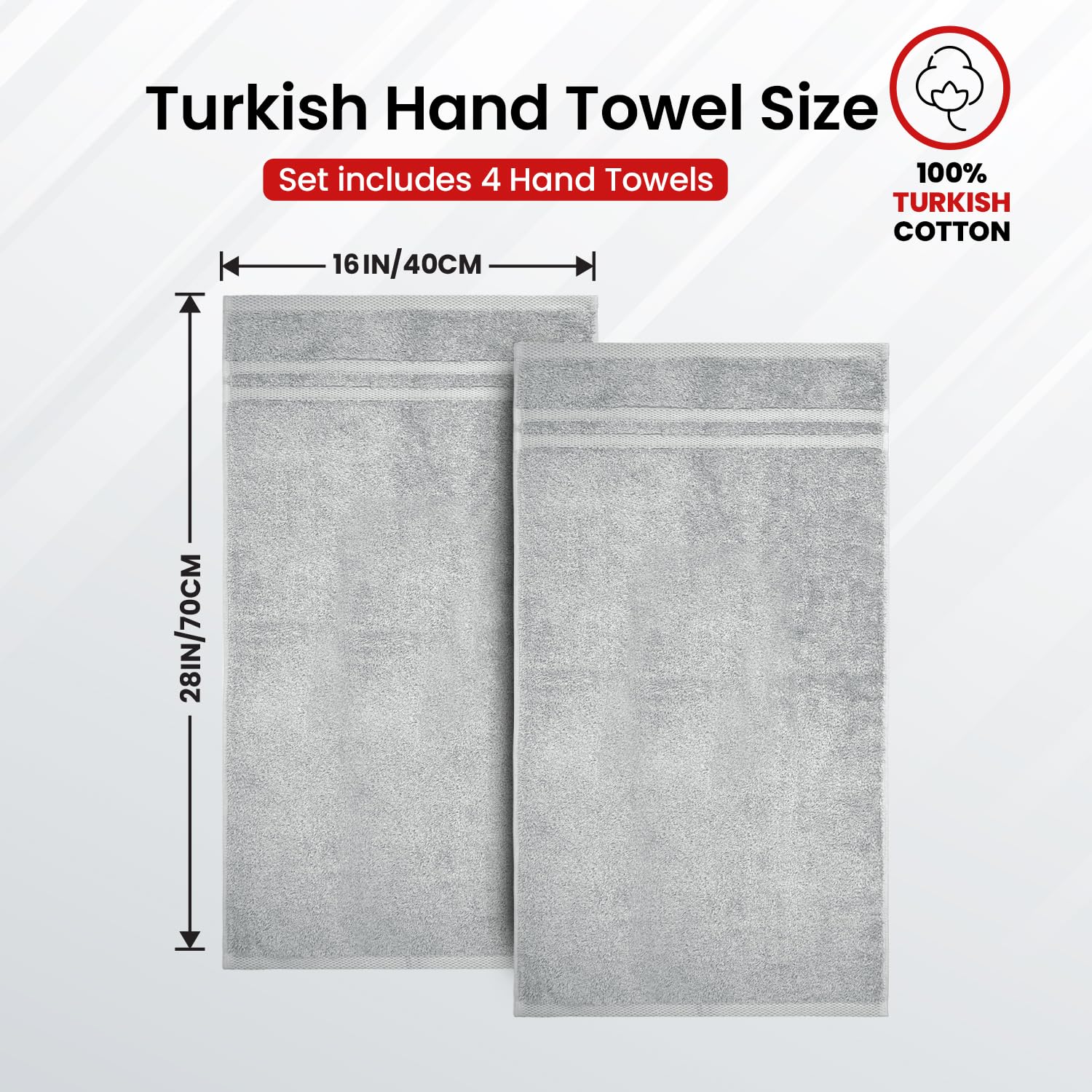 Infinitee Xclusives Grey Hand Towels Set Of 4 (16X28 Inches) - 100% Turkish Cotton Ultra Soft And Highly Absorbent Hotel Quality