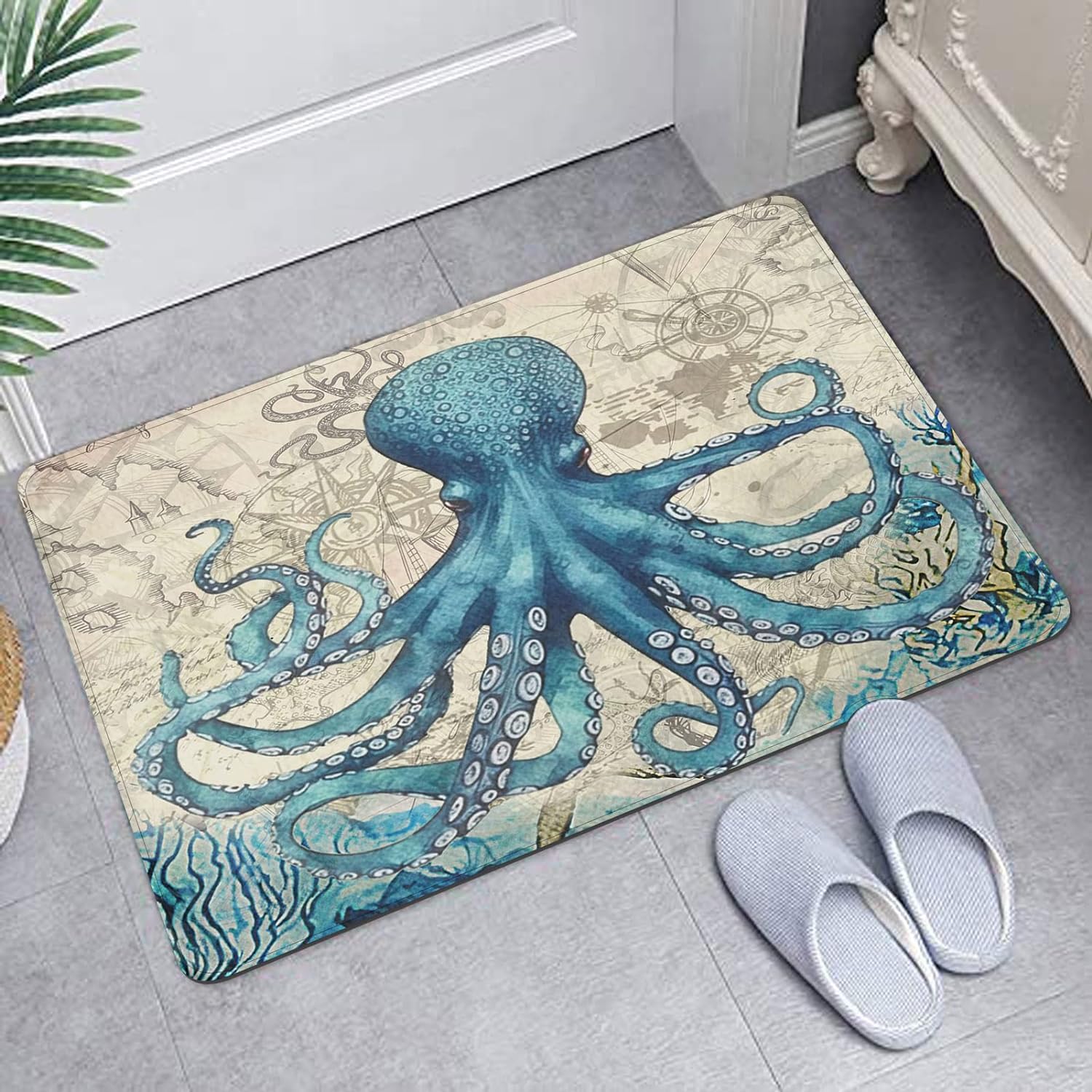 Britimes Blue Bath Mat For Bathroom,Bathroom Mats Rugs No Silp,Sea Theme Octopus Washable Cover Floor Rug Carpets Floor Mat Bath