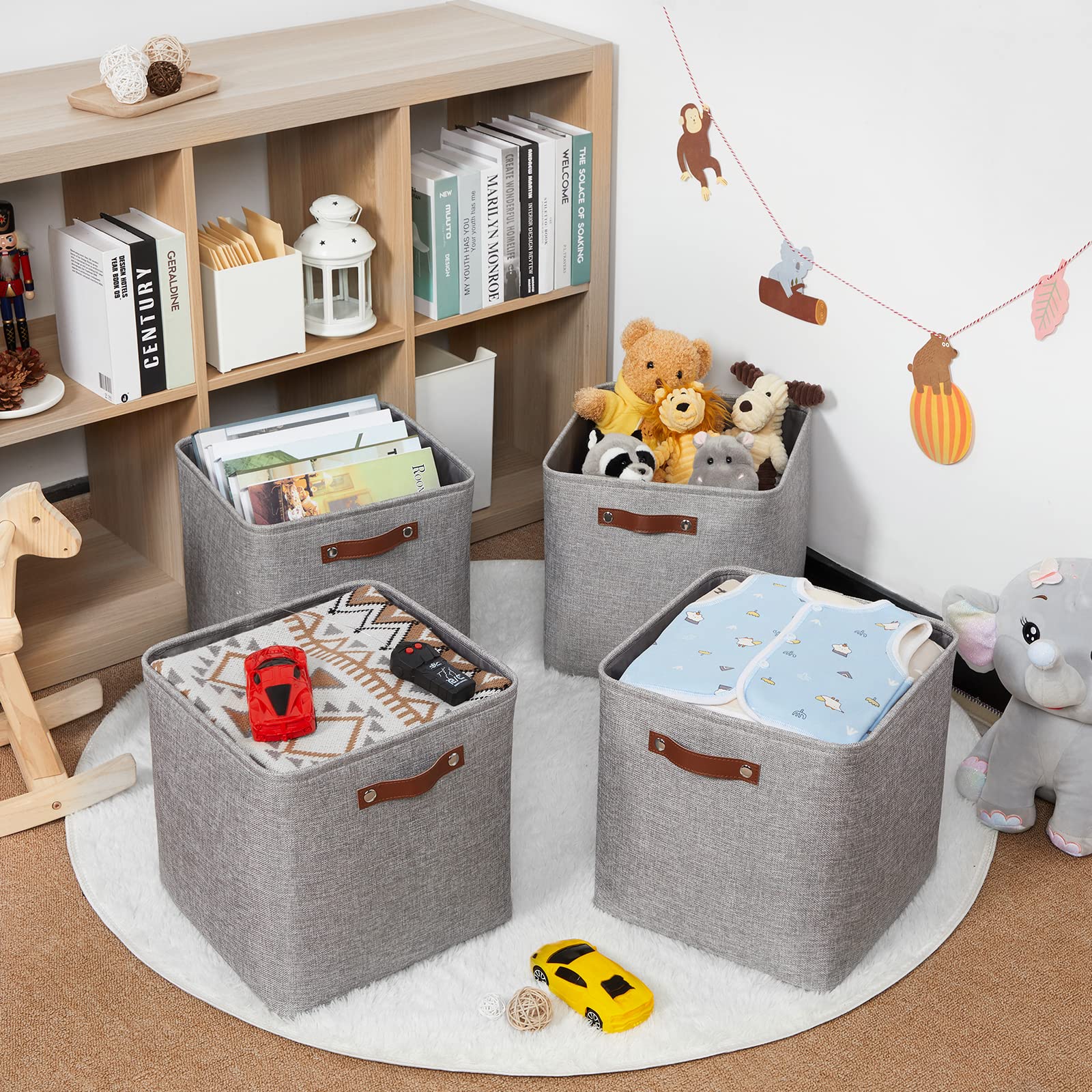 HNZIGE Fabric Storage Cubes Baskets Set of 4 Foldable Storage Basket with Handles for Organizing 13 x 13 Cube Storage Organizer Bins for Toys  Clothes(Gray)