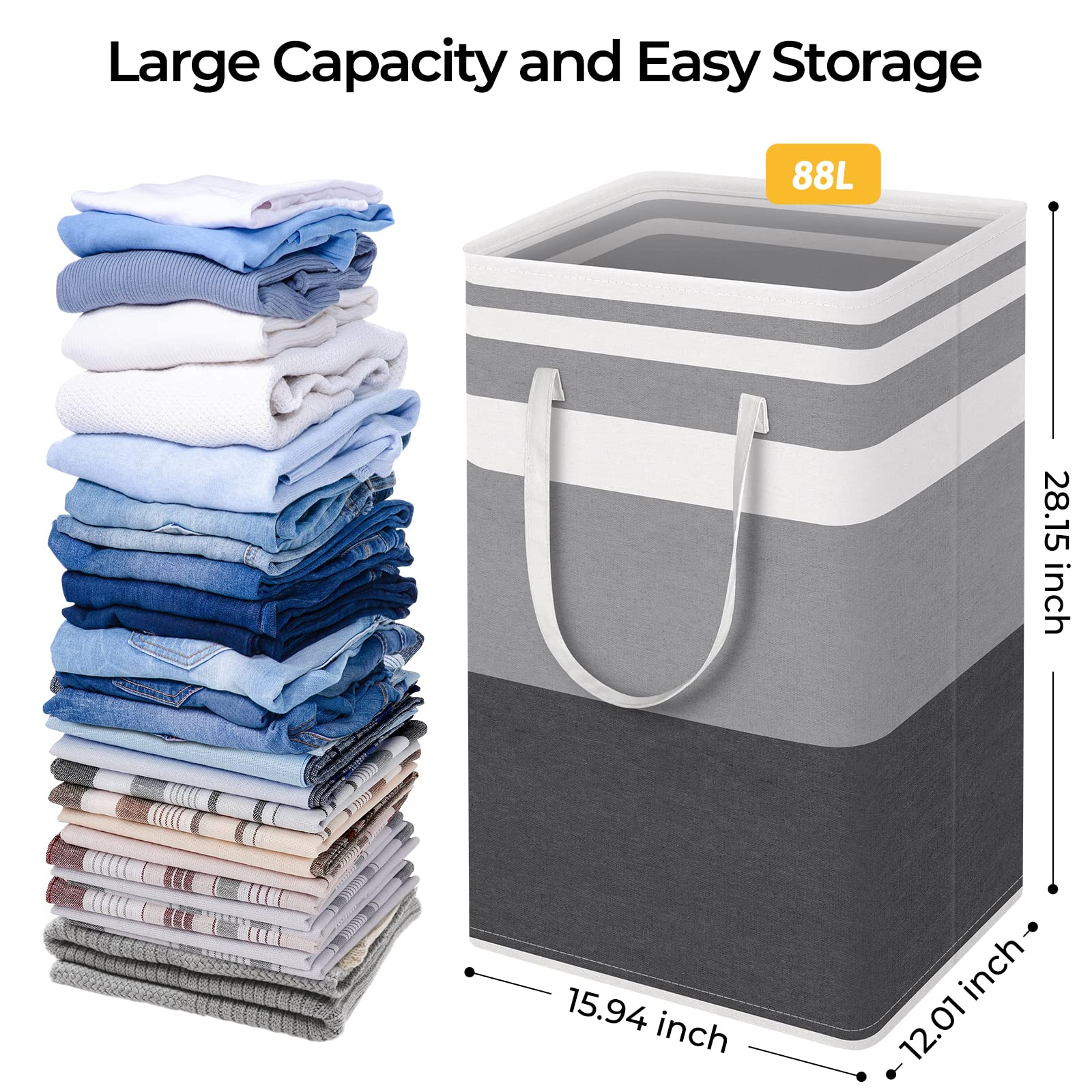 Homehacks 3-Pack Large Laundry Basket, Waterproof, Freestanding Laundry Hamper, Collapsible Tall Clothes Hamper With Extended Ha