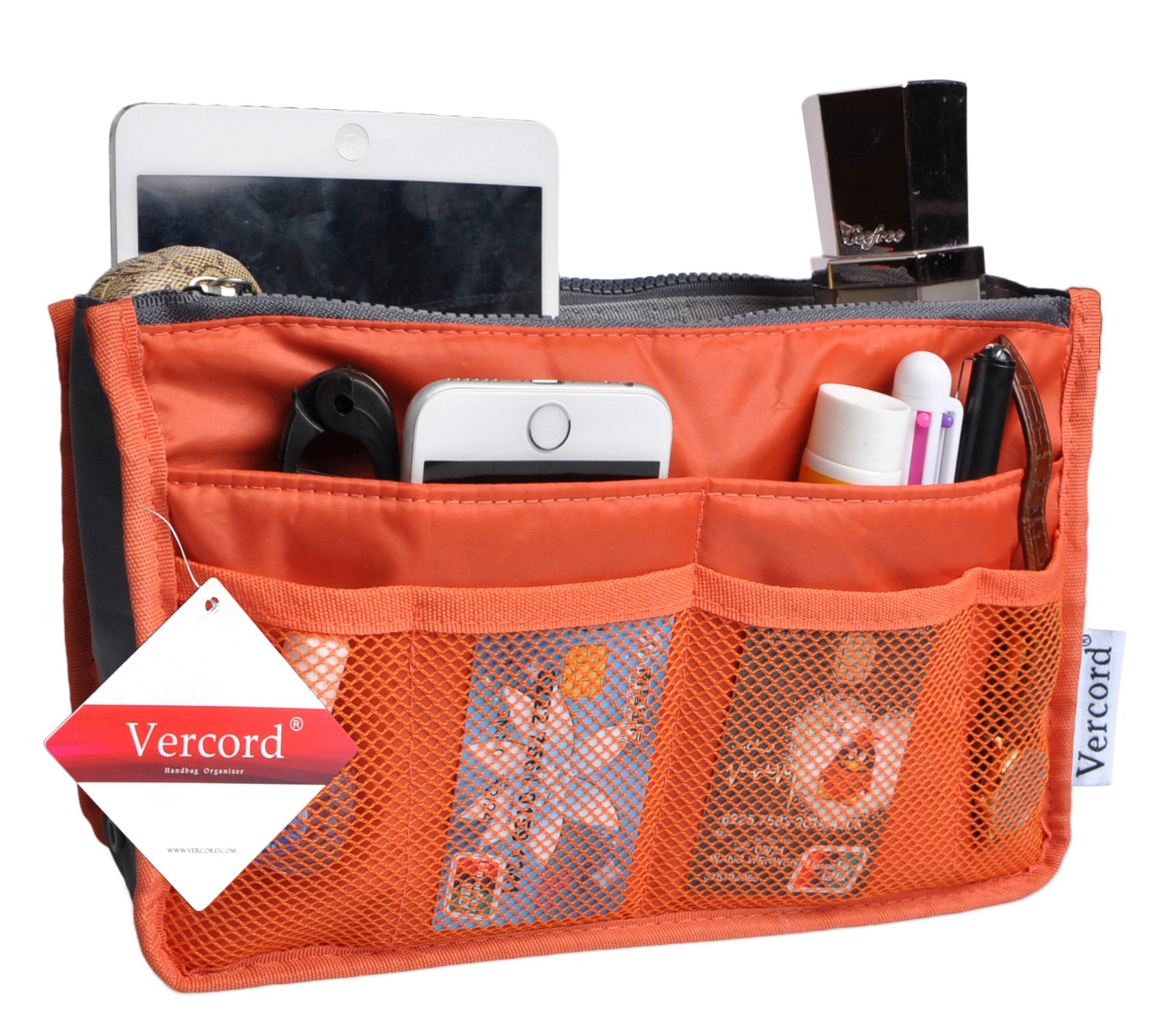 Vercord Purse Organizer Insert For Handbags Bag Organizers Inside Tote Pocketbook Women Nurse Nylon 13 Pockets Orange Small