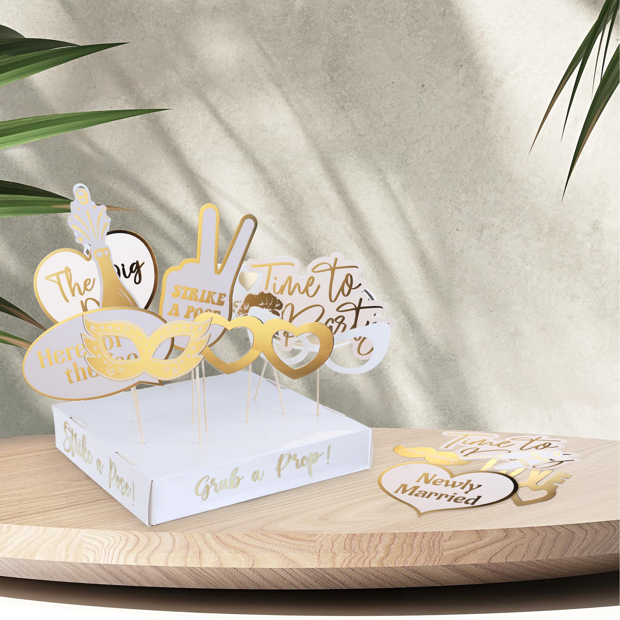 Soul Shift 60Pcs Fully Assembled Wedding Photo Booth Props - Prop Stand - Gold Signs - Elegant Wedding & Reception Party Supplie