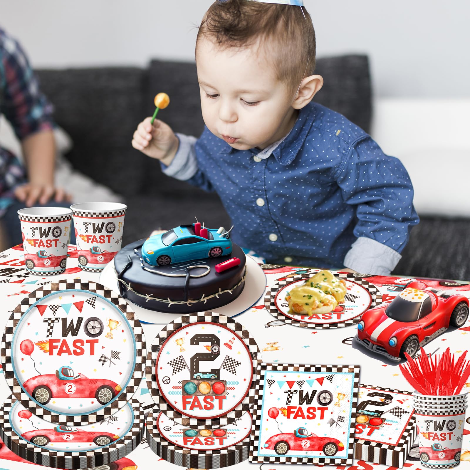 Two Fast Birthday Party Supplies, 142Pcs Race Car 2Nd Birthday Decorations Tableware Kit Includes Race Car Plates Napkins Tablec