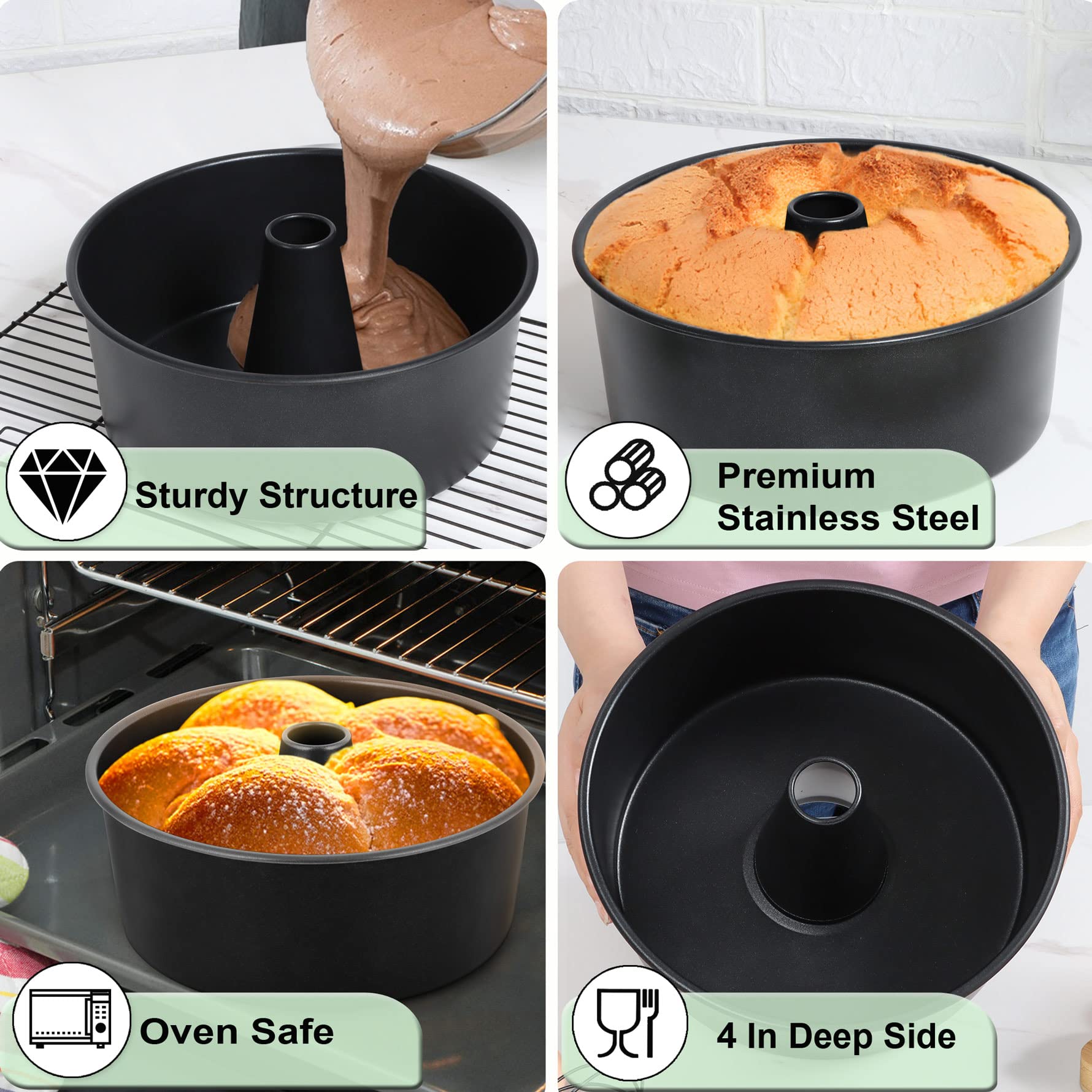 Lianyu 10 X 4 Inch Angel Food Cake Pan, Black Nonstick Tube Pan For Baking Pound Cake, Deep Chiffon Cake Mold With Stainless Ste