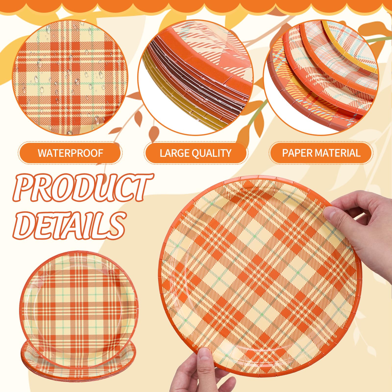 Whaline Fall Plaid Paper Plates Orange Yellow Autumn Gingham Disposable Plates 9 Inch Thanksgiving Party Tableware for Wedding B