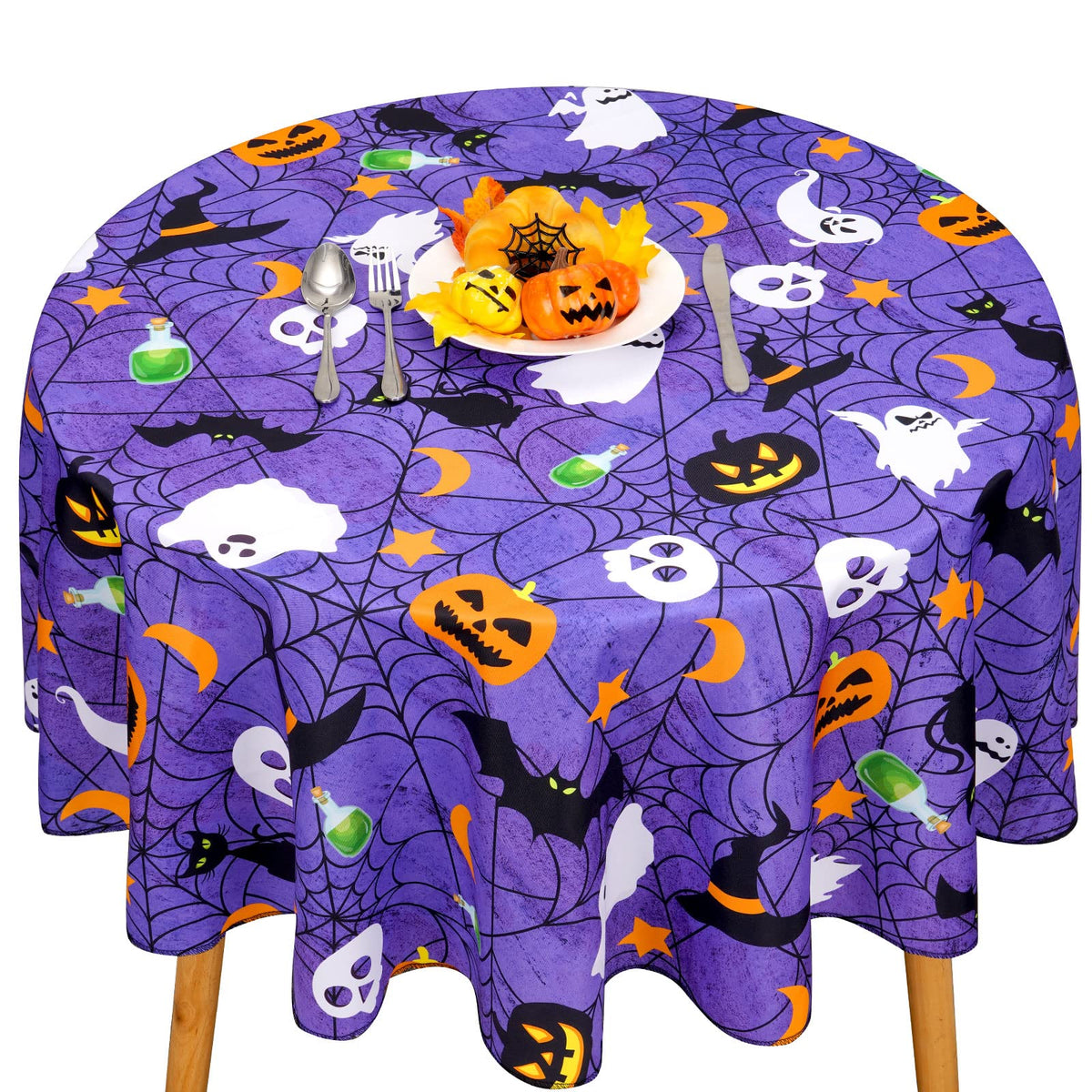 Aspmiz Halloween Tablecloth, Purple Spider Web Table Cloth For Party Decoration, Round 60 Inch, Bat Cobweb And Ghost Tablecloths