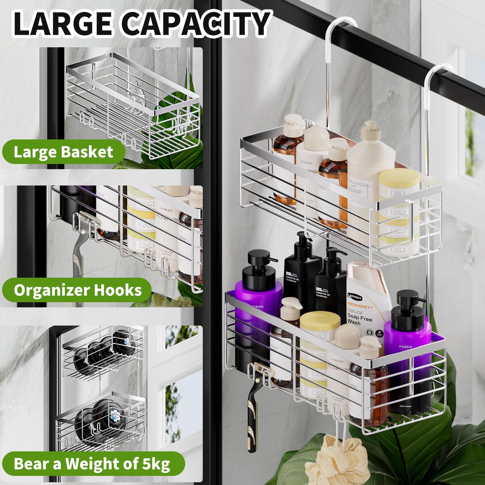 Shanshui Shower Hanging Caddy, Double Bathroom Shower Organizer Basket, Shampoo Bracket, Over Door Shower Rack With Hooks, 304 S