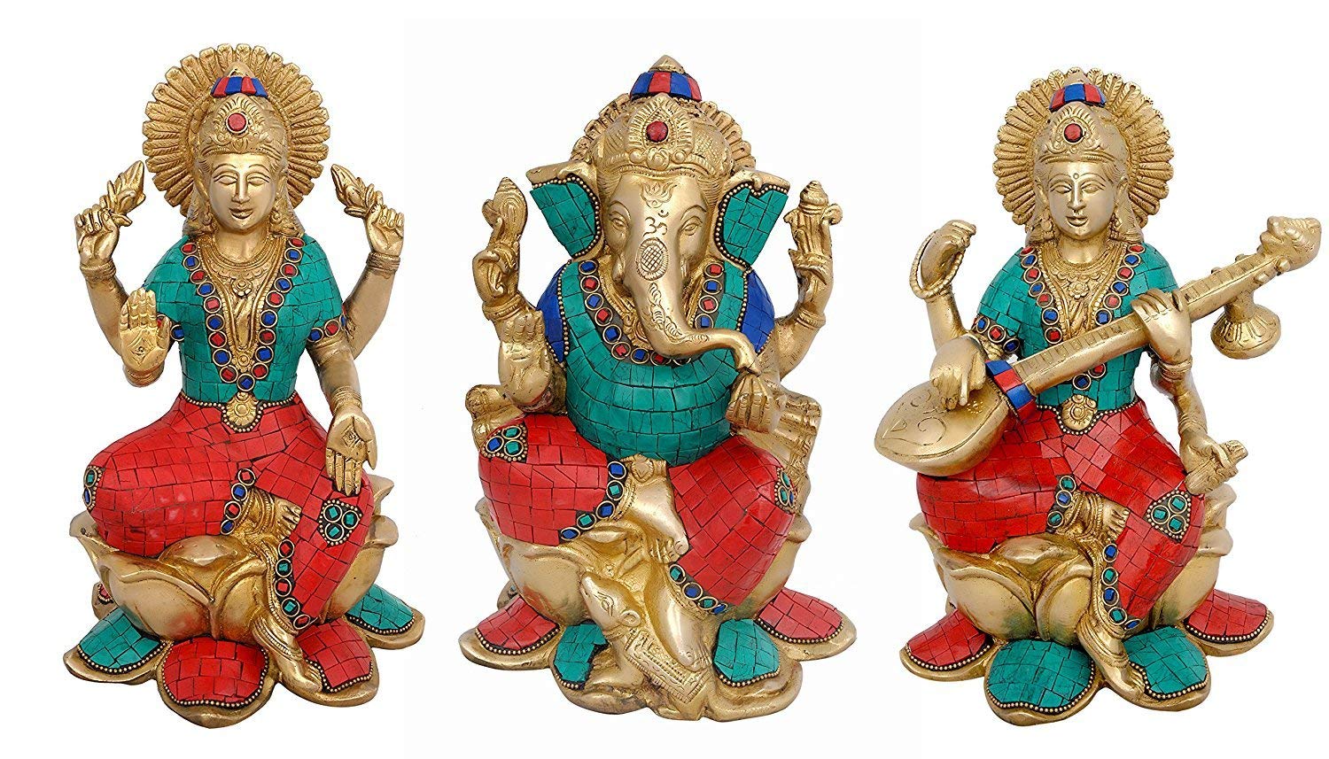Dattatreya Brass Ganesha Ganesh Murti Idol Statue Lakshmi Saraswati Statue - Set Of Three Height 9.5 Inches