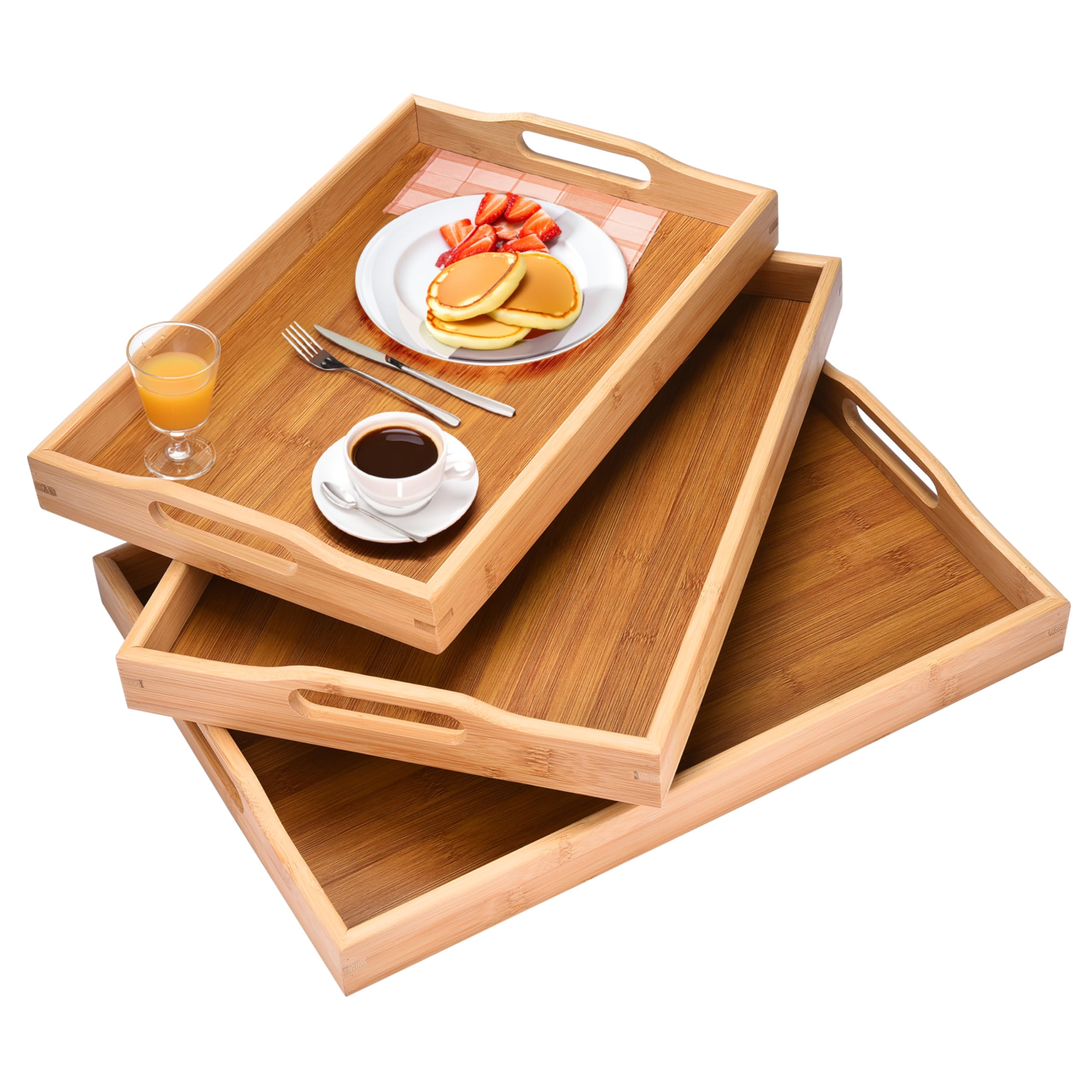 Prosumers Choice 3-Piece Set Bamboo Serving Trays With Handles - With Sizes, 1Xs (38.1X25.4X4.9Cm), 1Xm (40.6X28.0X4.9Cm), 1Xl (