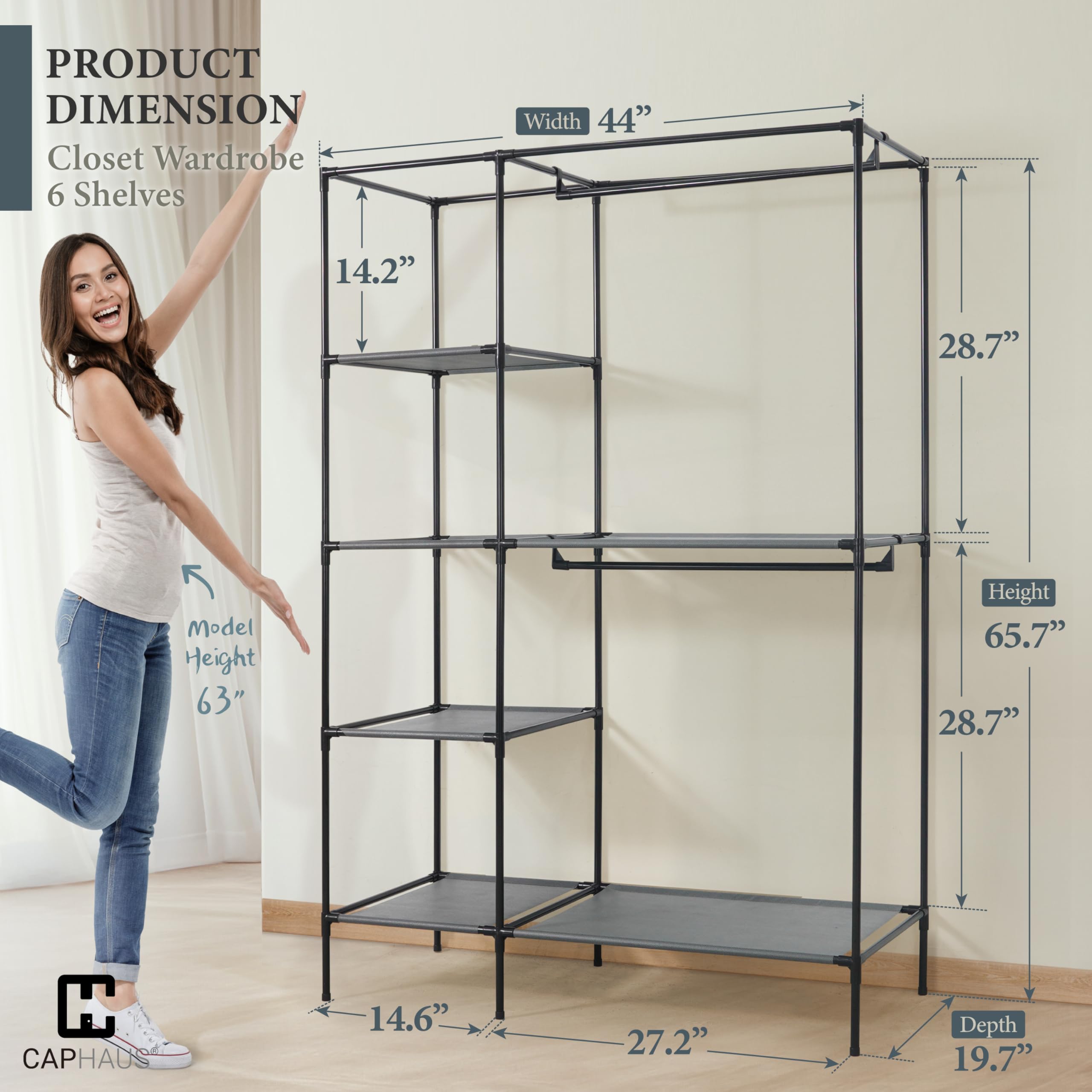 Caphaus 44-Inch Clothing Rack With Cover, Portable Closet Wardrobe, Covered Garment Rack For Hanging Clothes, 230Lb Capacity Hea