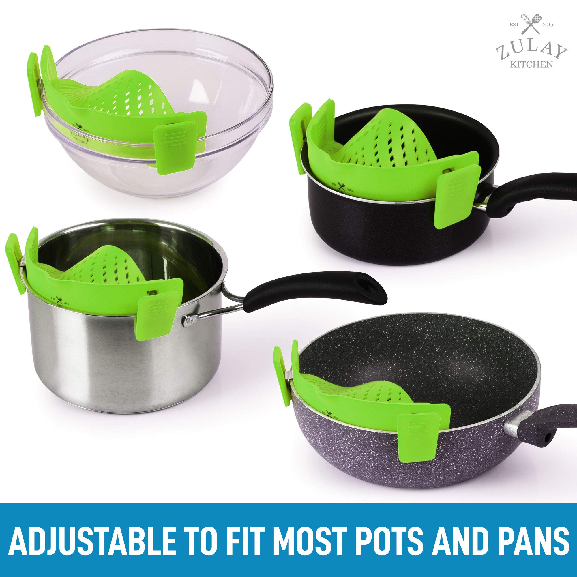 Zulay Silicone Pot Strainer - Adjustable Snap On Strainer For Most Pots & Pans - Food Grade, Heat Resistant Pot Strainer Clip On