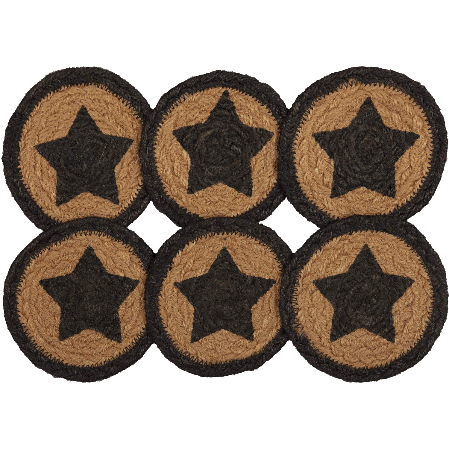 VHC Brands Farmhouse Primitive Jute Black Textured Round Kitchen Coaster Stencil Star Set of 6 4