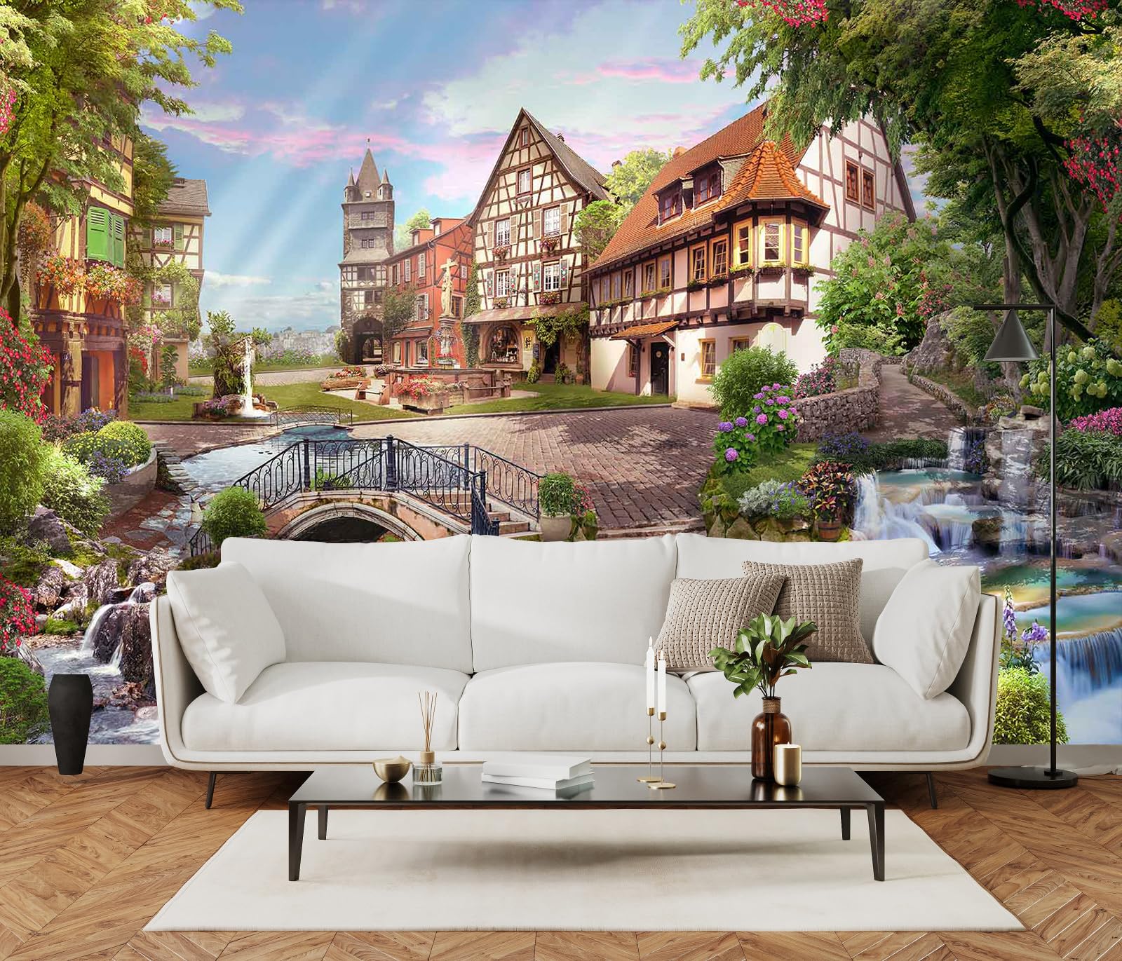 Toolhom Flowery Waterfall And Beautiful Street Scene In The Sunshine Wall Mural For Living Room, Bedroom, Bathroom Backdrop Deco