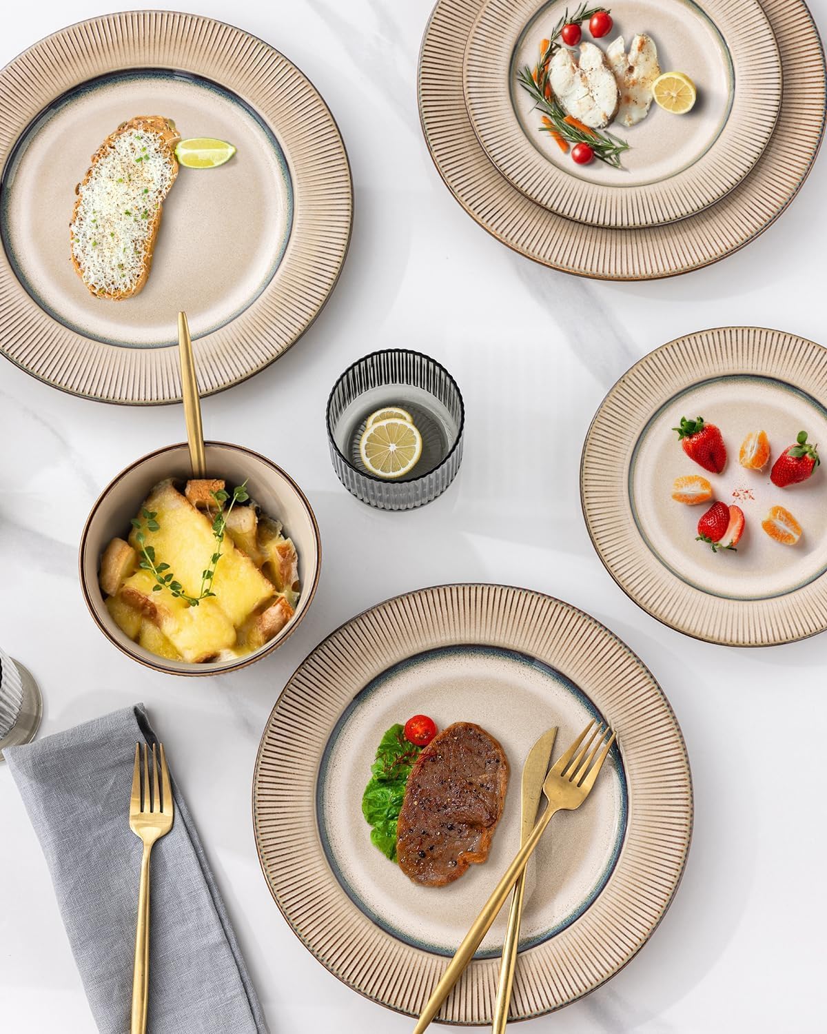GBHOME Ceramic Dinnerware Sets, 18 Piece Embossed Elegant Stoneware Plates and Bowls Sets, Housewarming Wedding Gift | Dishwashe