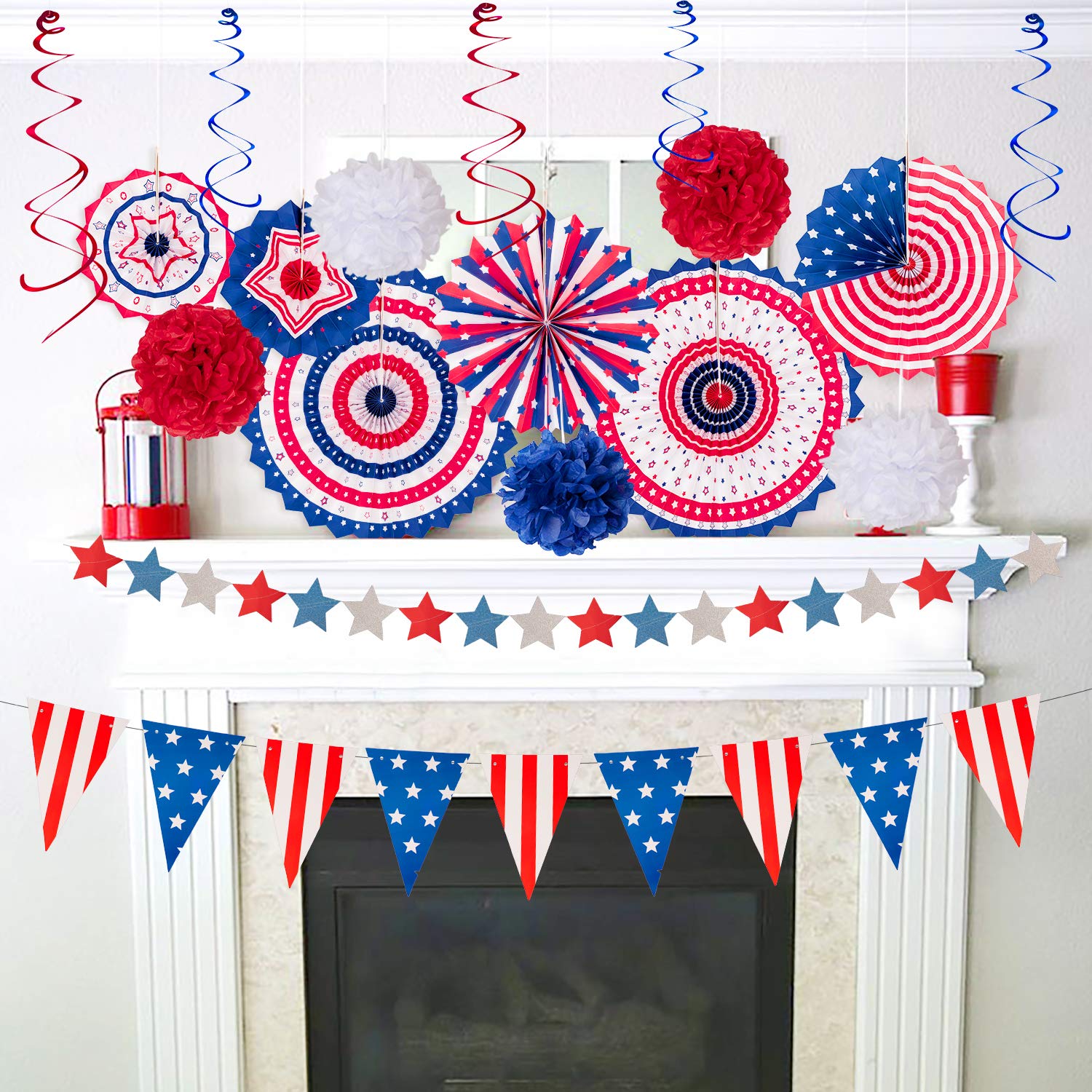 29PCS 4th/Fourth of July Patriotic Decorations Set - Red White Blue Paper Fans,USA Flag Pennant,Star Streamer,Pom Poms,Hanging S